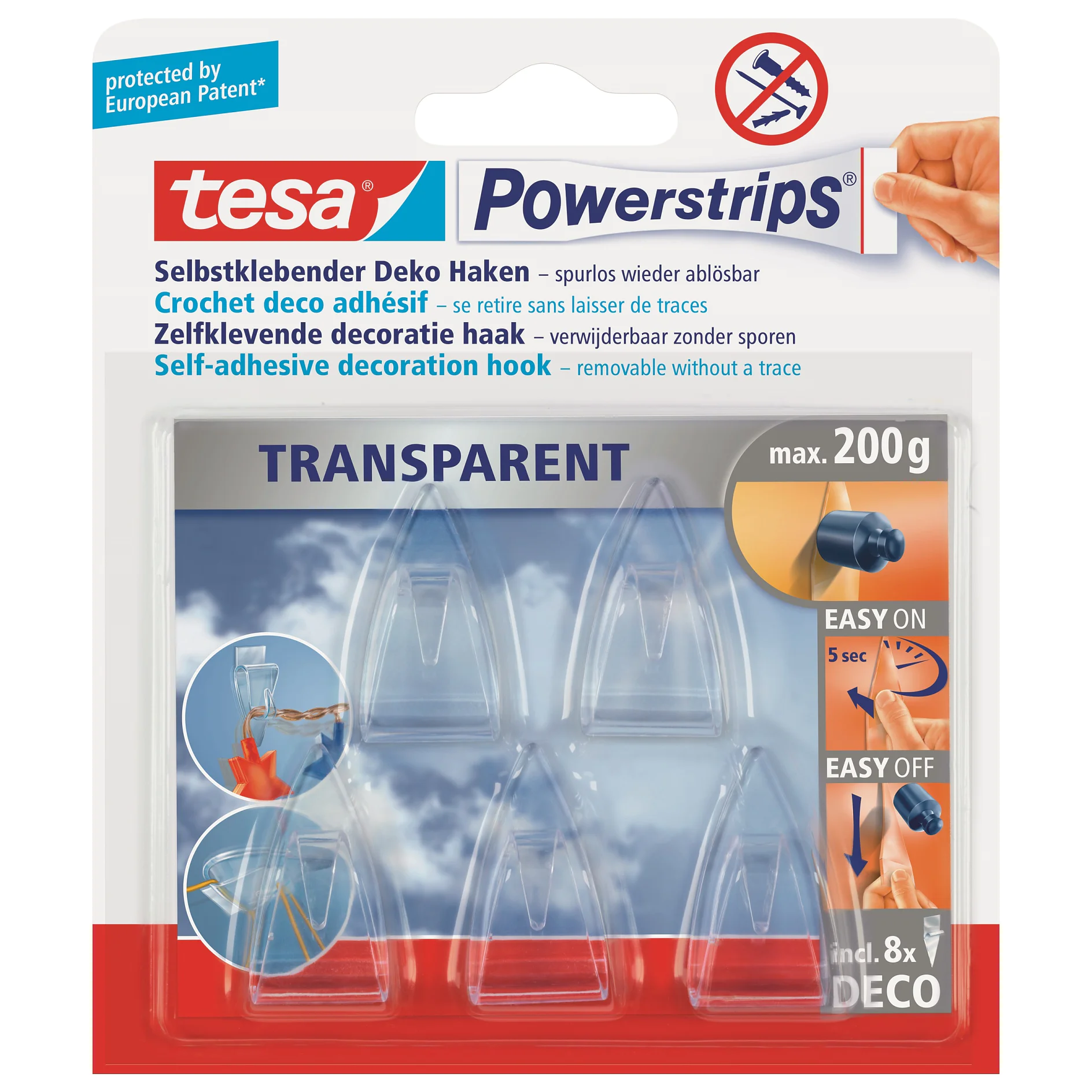 Confezione di ganci adesivi trasparenti Tesa Tape Powerstrips. La confezione presenta illustrazioni per un facile fissaggio e rimozione. Include sei ganci con una capacità di carico massima di 200 g. Il testo è disponibile in più lingue. (This text has been generated by AI)