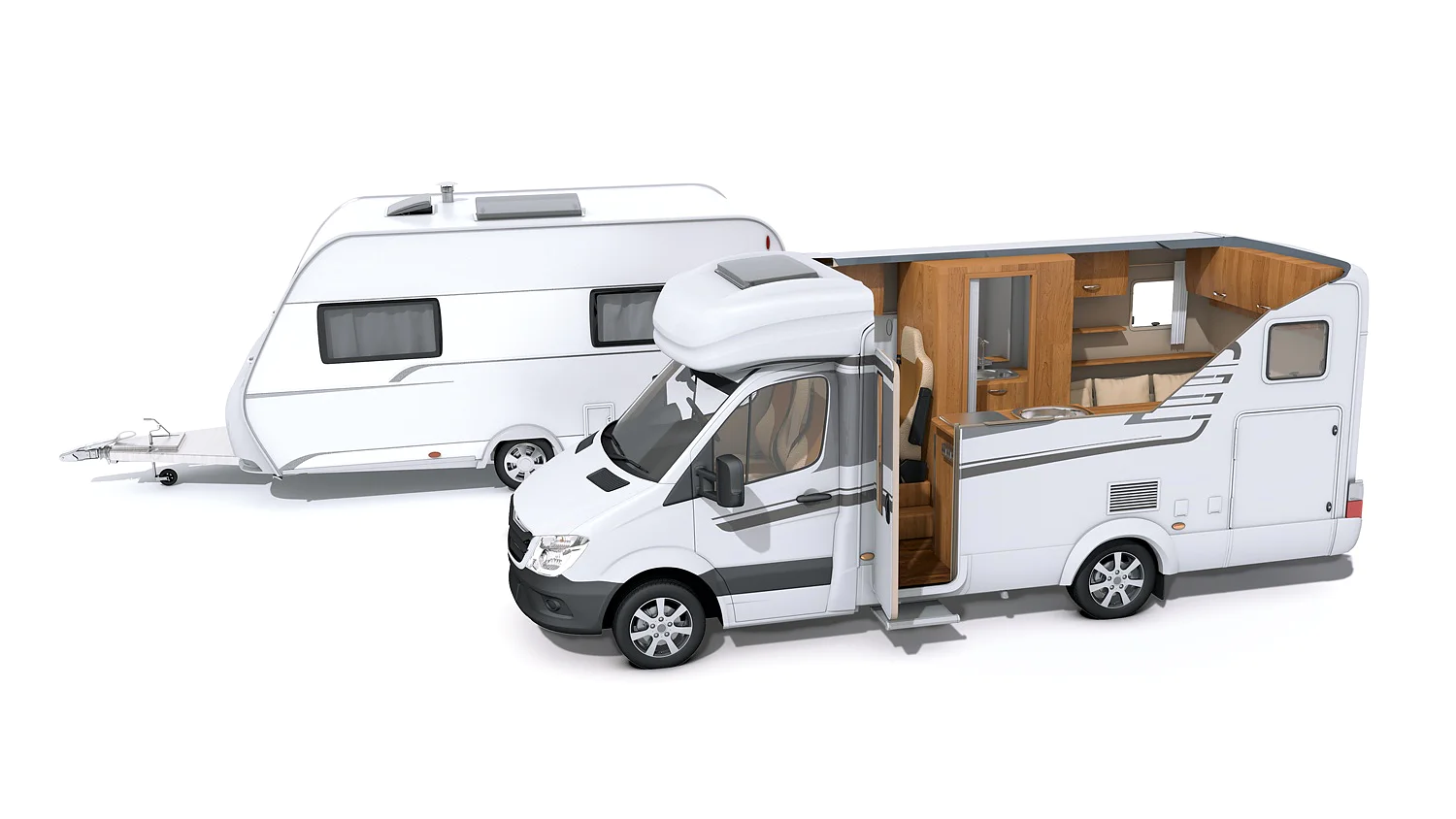 The image shows a white motorhome with an open side door, revealing a wooden interior with a kitchen and seating area. In the background, a white caravan is attached, featuring windows and a side door. (This text has been generated by AI)