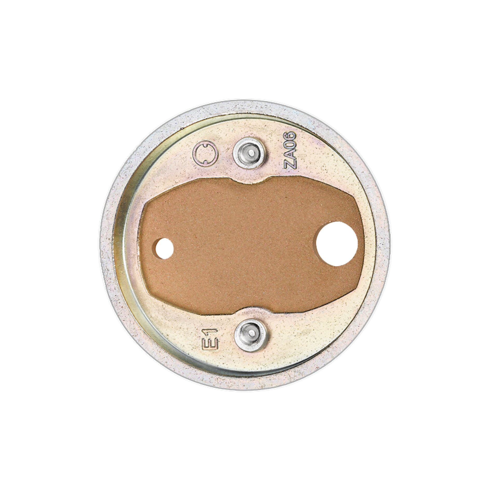 Oggetto metallico rotondo con un ritaglio centrale e due piccoli fori sui lati opposti. La superficie è metallica con alcune iscrizioni, tra cui E1 e ZA06. L'area interna presenta un inserto marrone non metallico, fissato con nastro tesa. (This text has been generated by AI)