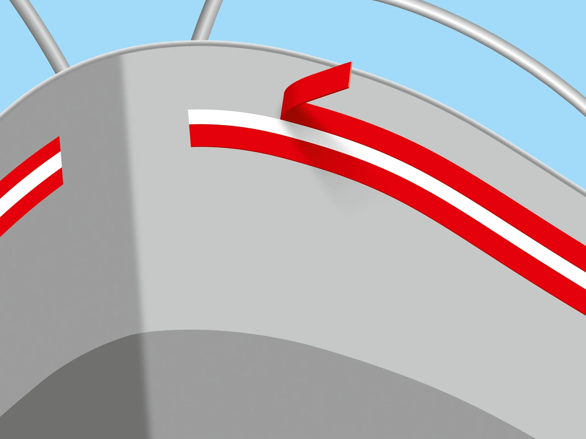 Close-up of a gray boats bow with a red and white stripe along the side. A loose end of the stripe is seen, giving a partially peeled appearance, secured by tesa tape. The boat is set against a clear blue sky. (This text has been generated by AI)