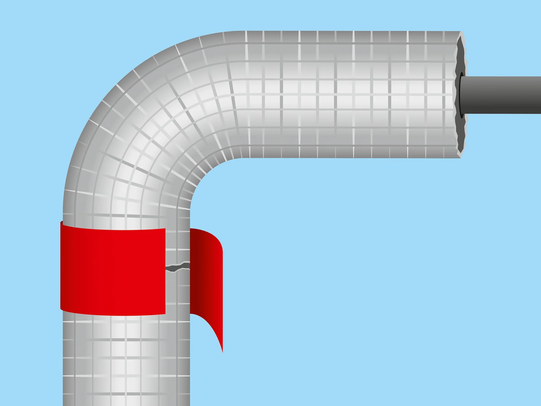 A pipe with silver insulation makes a 90-degree turn against a blue background. A piece of red tesa tape wraps around the bend, with a section slightly peeled back, revealing a crack in the insulation beneath. (This text has been generated by AI)