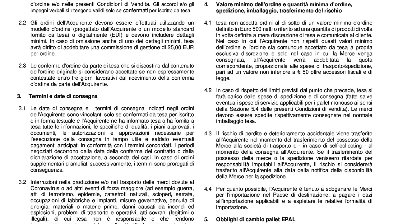 Termini e condizioni di vendita e spedizione di tesa spa