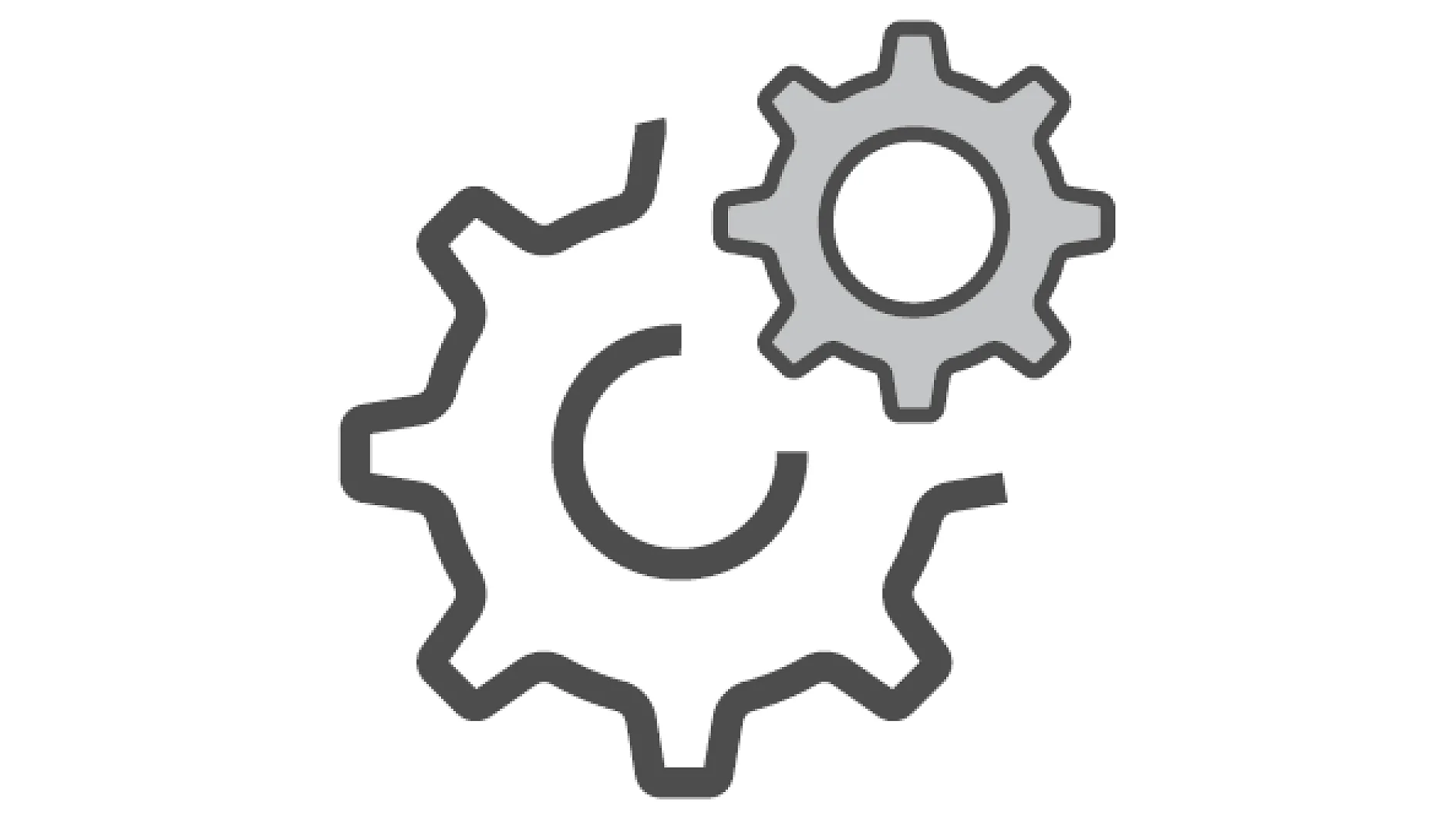 Two interconnected gear icons, one larger and black outlined, the other smaller and gray. The larger gear has six teeth, while the smaller gear has eight teeth. The illustration suggests mechanics or process functionality. (This text has been generated by AI)