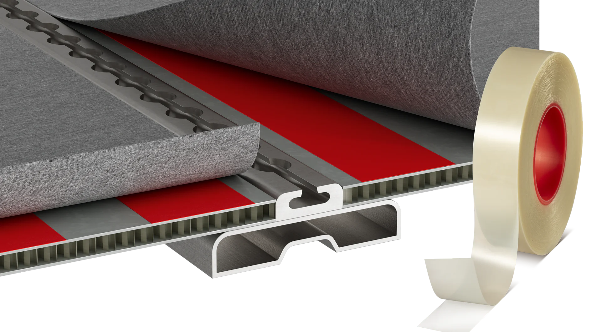 Illustration of architectural joint cover installation showing layers of materials, including a grey panel, red adhesive strips, and metallic components, with a roll of white tesa tape on the side. (This text has been generated by AI)