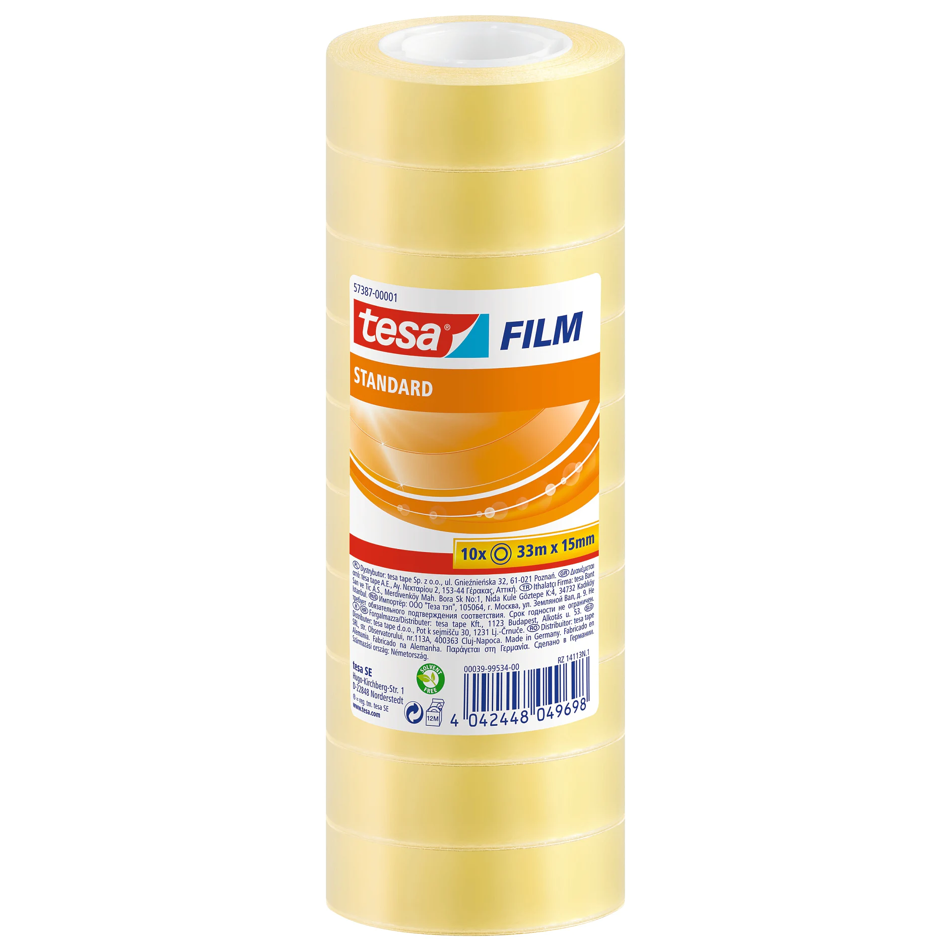 Clear yellow tesa film tape roll with standard label, displayed against a white background for product presentation. (This text has been generated by AI)