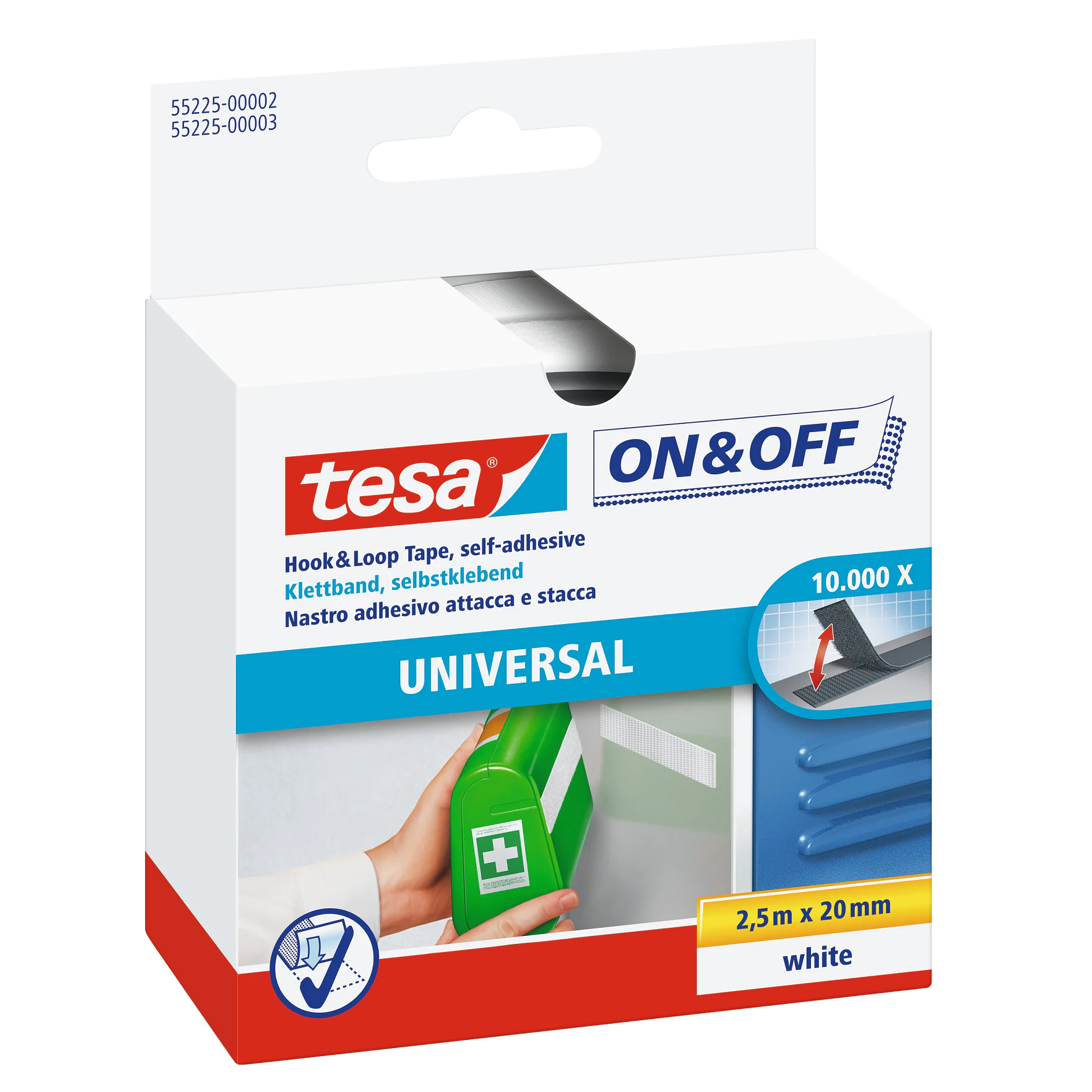 tesa on&off universal hook and loop tape in white, 2.5m x 20mm, with self-adhesive backing, displayed in retail packaging. (This text has been generated by AI)