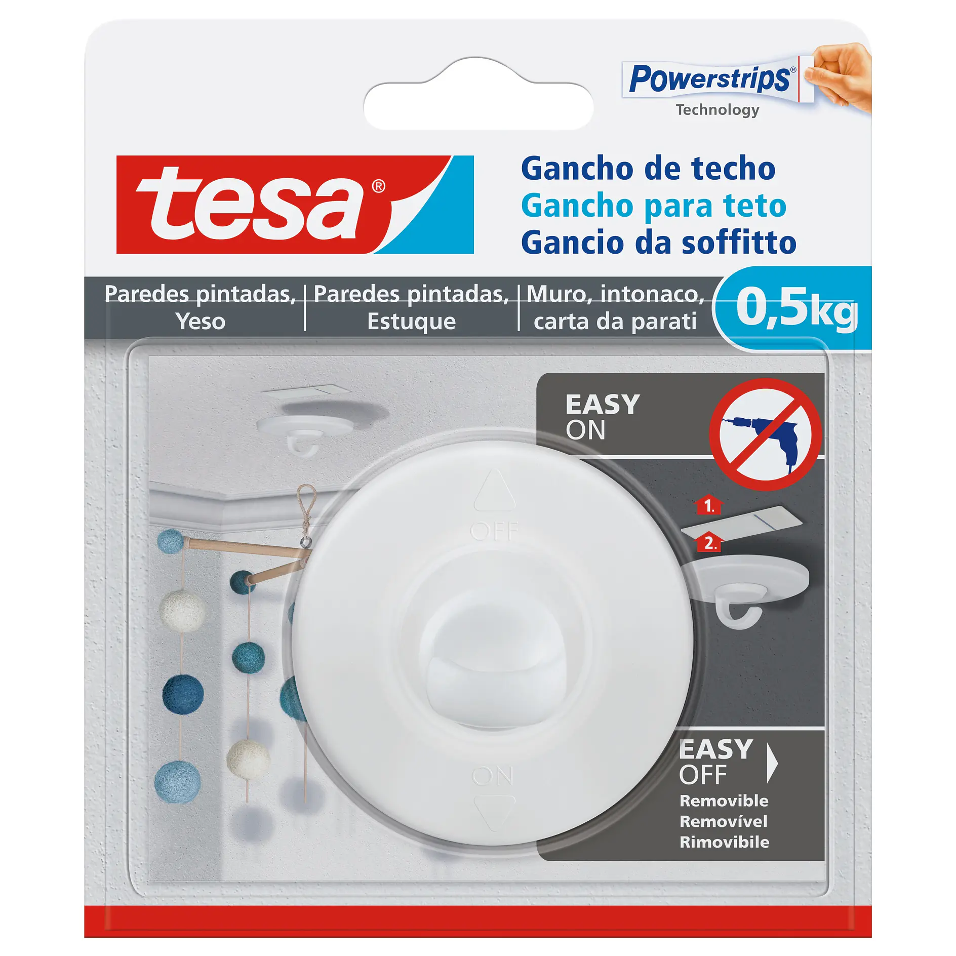 tesa ceiling hook with 0.5kg weight capacity, includes adhesive strips and mounting hardware, suitable for painted walls and smooth surfaces. (This text has been generated by AI)