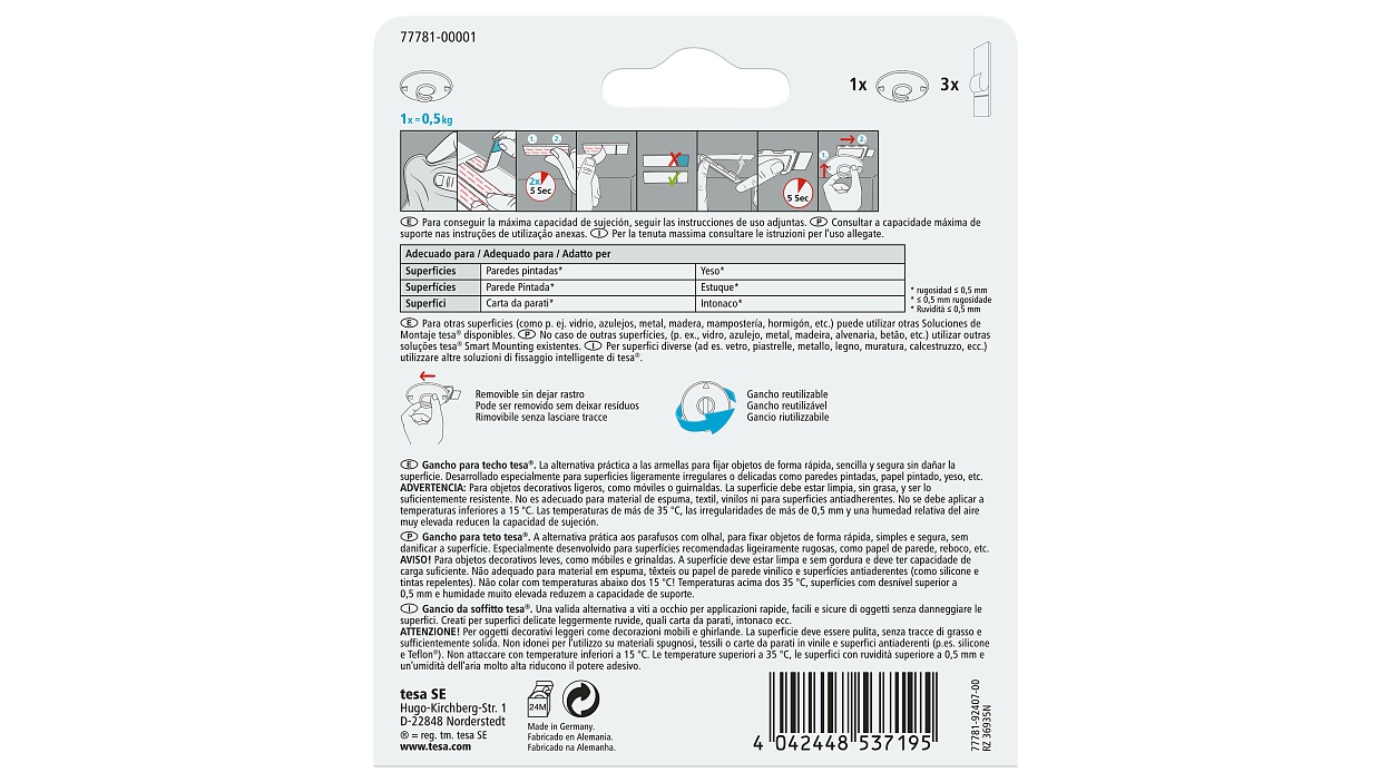 [en-en] tesa Smart Mounting System Ceiling Hook 0,5kg Wallpaper