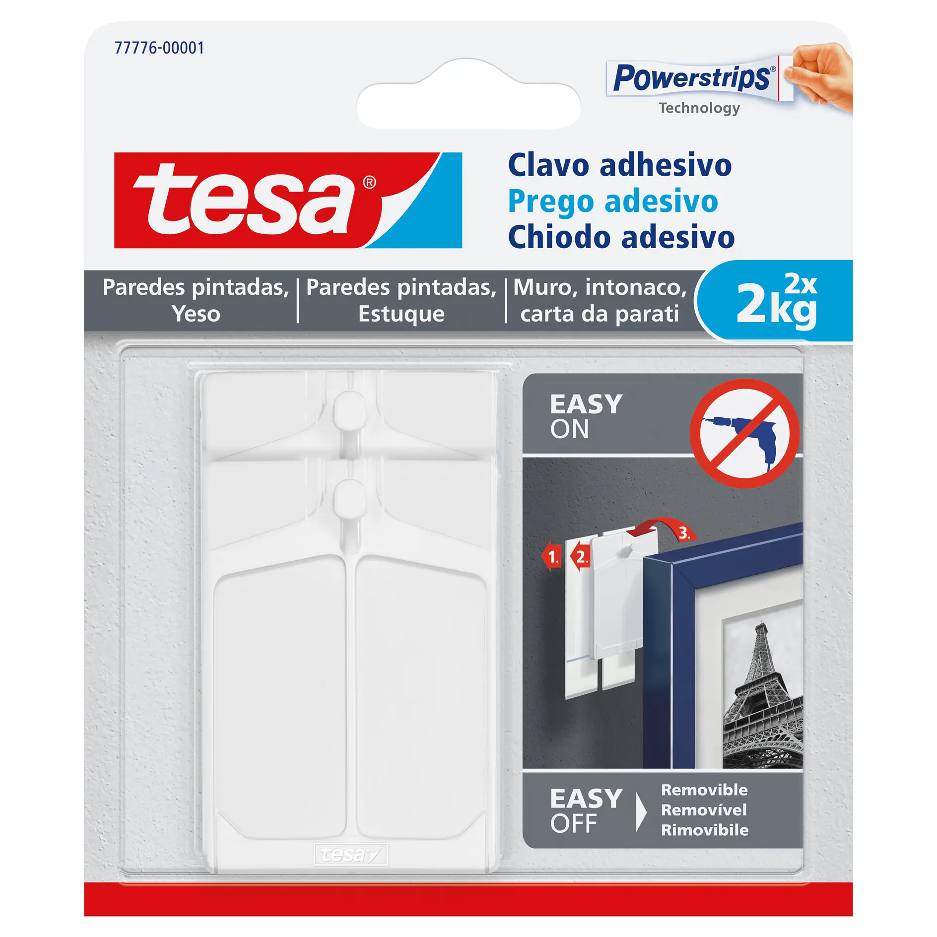 tesa adhesive nails for painted walls and plaster, holding up to 2 kg, with easy on and off removable design in retail packaging (This text has been generated by AI)