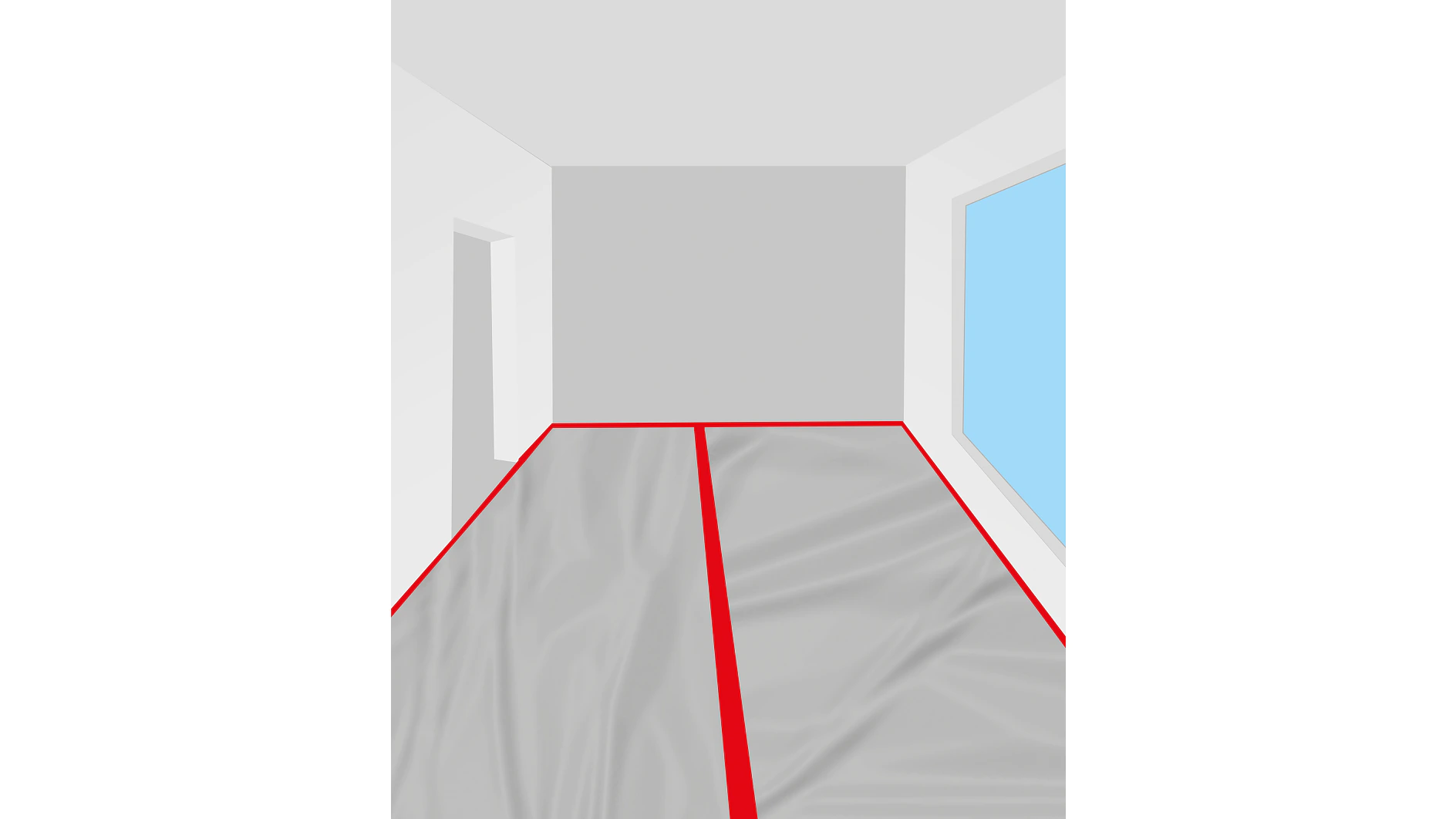 A room with a smooth gray floor featuring a wrinkled texture, divided by a red tesa tape line down the middle. The room has white walls, a large window on the right, and an open doorway on the left. (This text has been generated by AI)