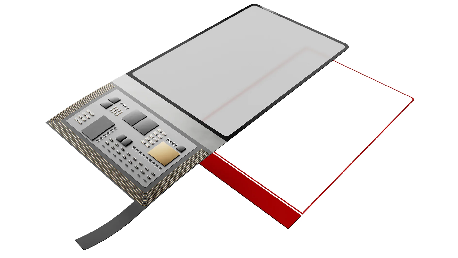 Diagram showing the components of an e-paper display. Includes a flexible display layer, wiring, and a control circuit with various microchips. The components are arranged to illustrate their assembly using tesa tape. (This text has been generated by AI)