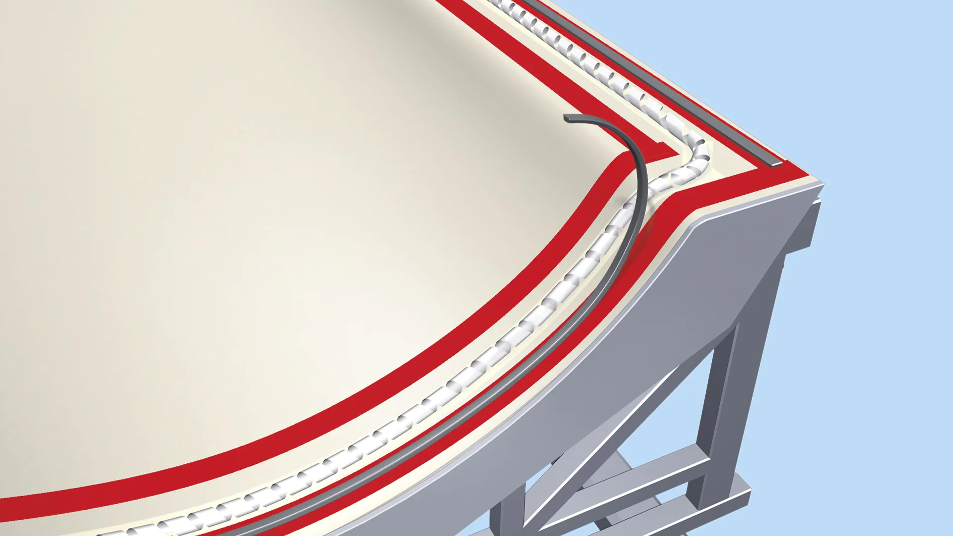 Illustration of a sectioned white membrane roof with a red perimeter seal, metal edge trim, and structural framing underneath. A dark tube is seen crossing the roof edge, which has been secured using tesa tape. The background is a pale blue. (This text has been generated by AI)