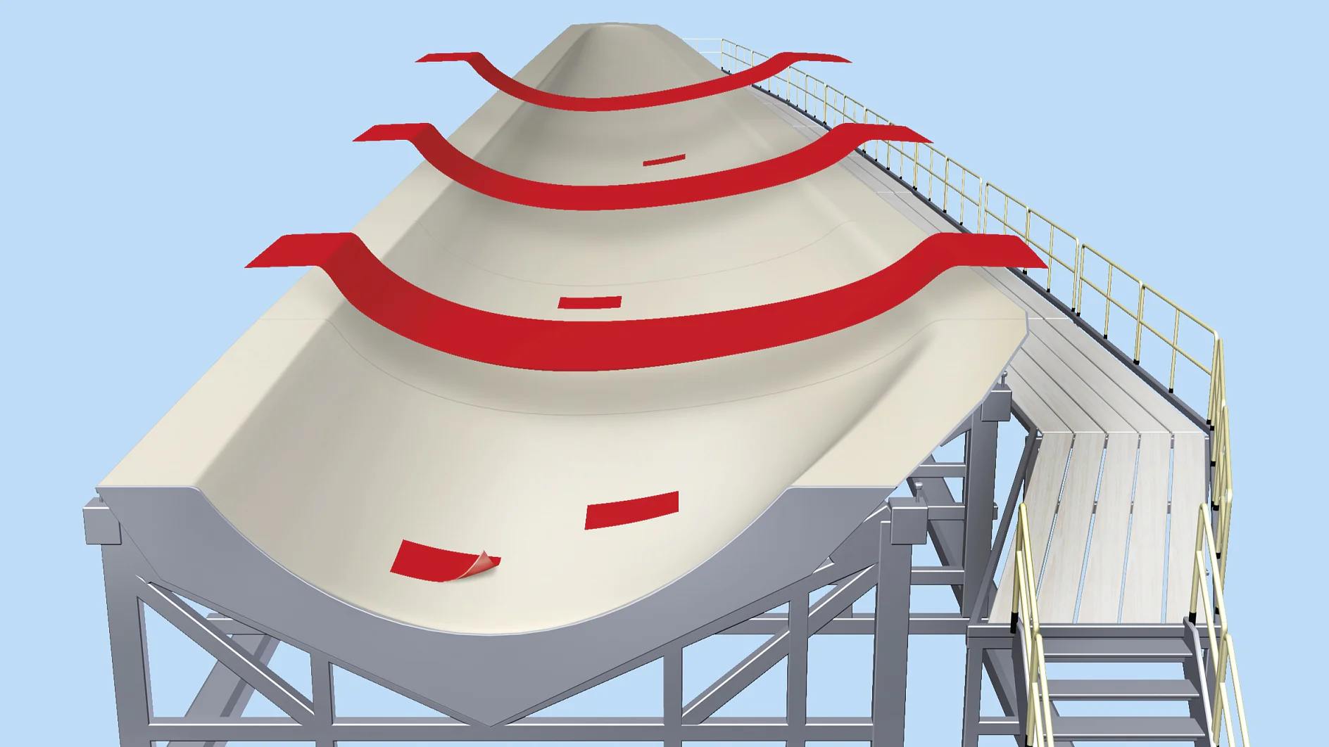 A large industrial mold with three red reinforcement bars on top sits on a steel support structure. On the right side, a platform with railings provides access to the mold. The background is a solid light blue. (This text has been generated by AI)
