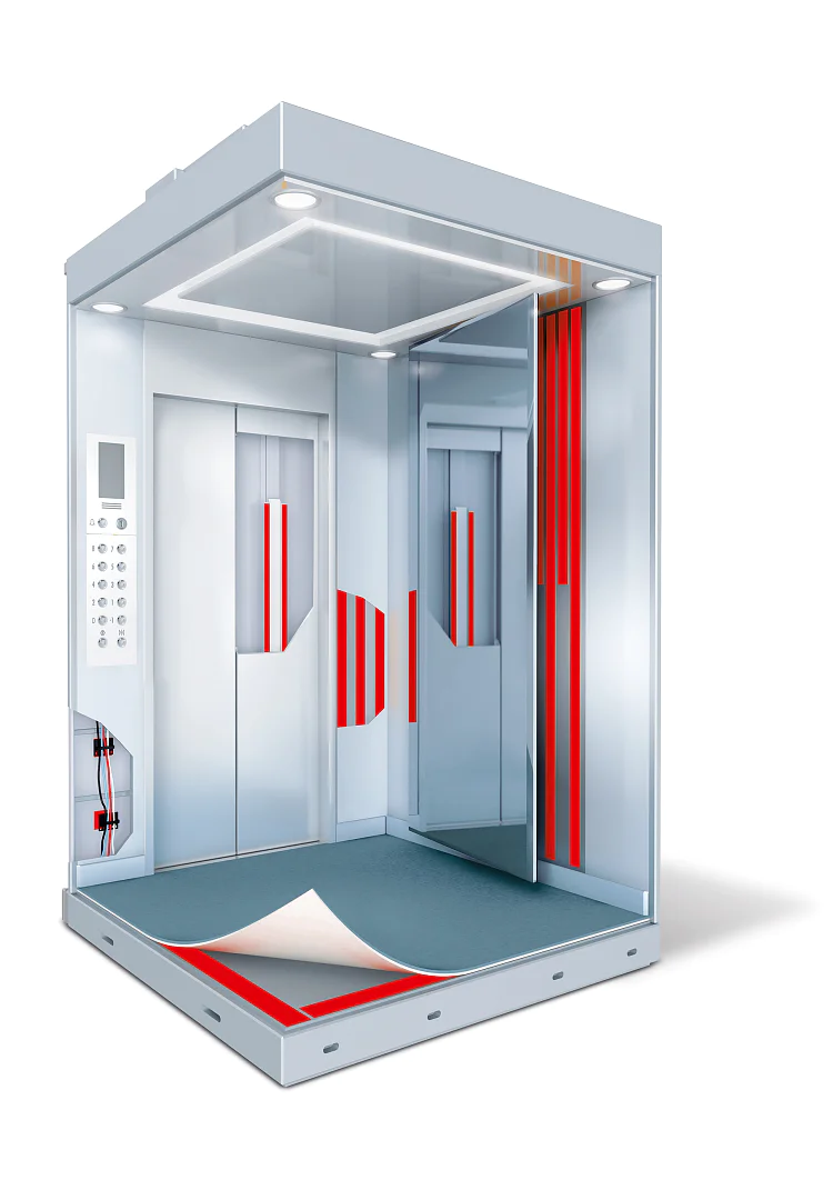 A modern elevator interior with a blue floor and metallic walls. The cabin features red vertical accents, a reflective panel, overhead lighting, and a control panel on the left side. The doors are partially open, highlighting the seamless integration of tesa tape in its construction for added durability and aesthetics. (This text has been generated by AI)