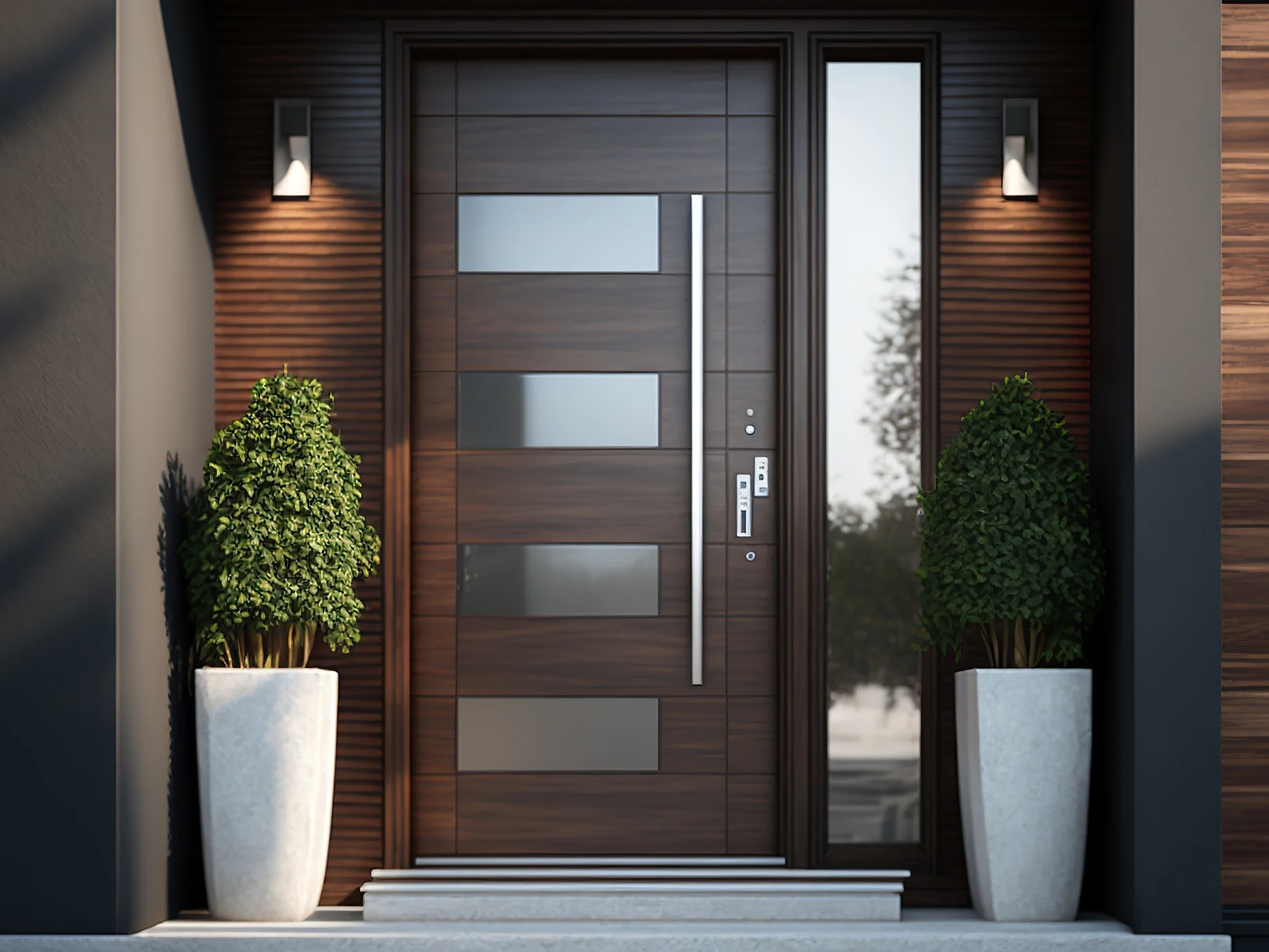 AdobeStock_557972926 A modern front door with a wooden design and frosted glass panels is flanked by two tall potted plants in white planters. The facade features horizontal wood slats and dark walls, with wall-mounted lights illuminating the entrance. (This text has been generated by AI)