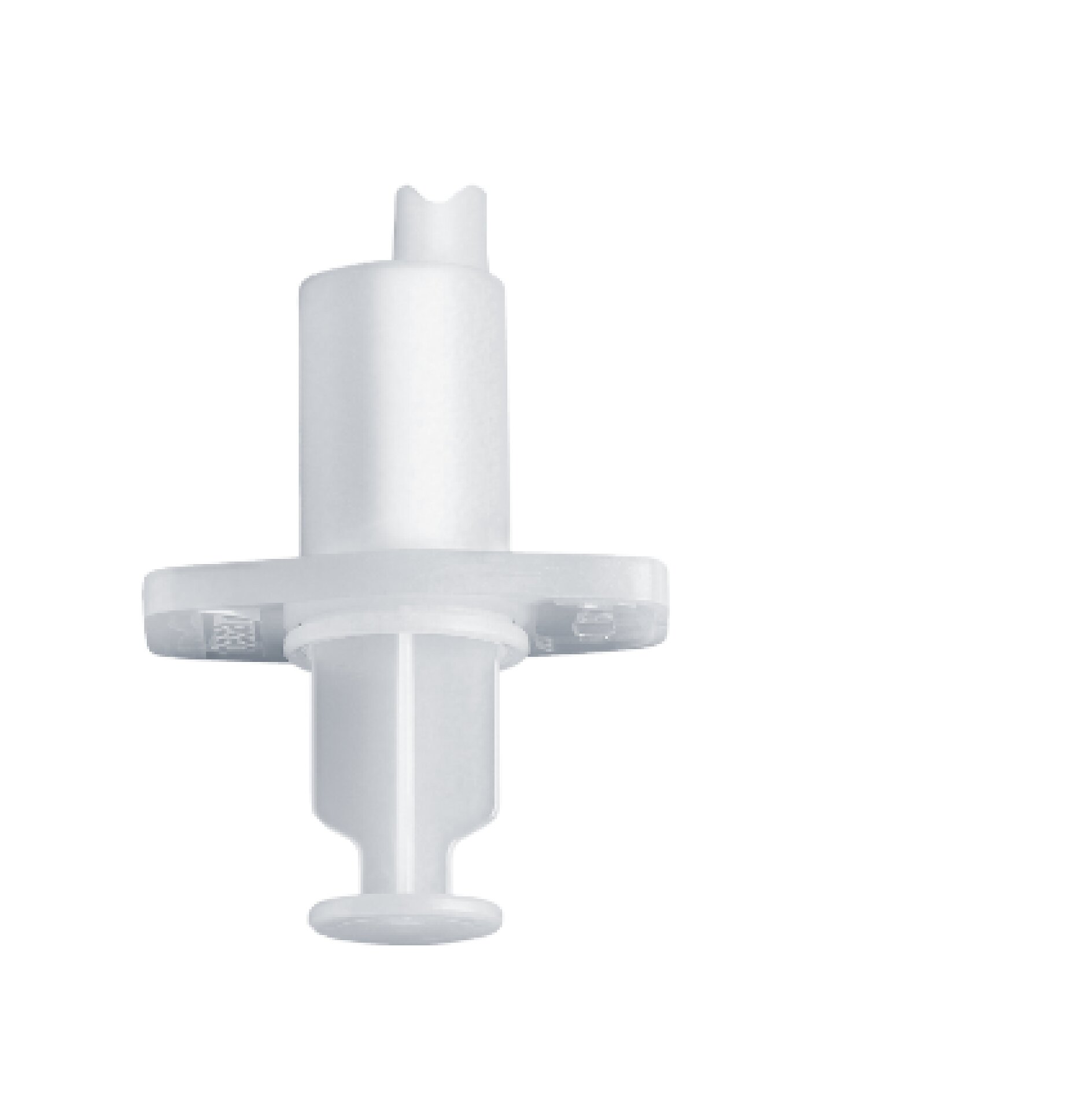 Una siringa di plastica bianca con un manico piatto e rotondo e un corpo cilindrico stretto si trova in verticale su uno sfondo bianco. Nelle vicinanze si trova un rotolo di nastro adesivo pronto per l'uso. (This text has been generated by AI)