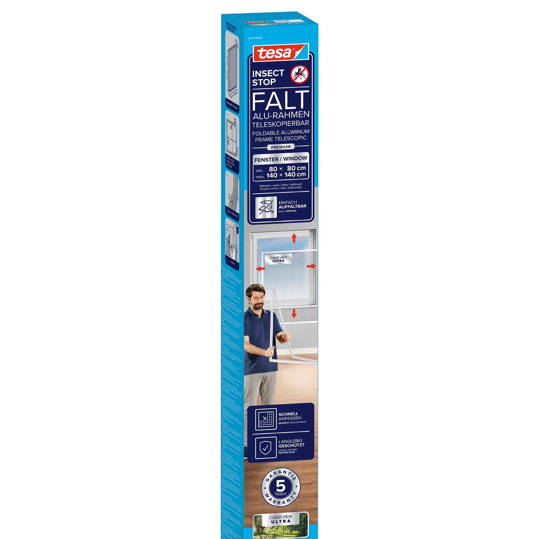 tesa strong adhesive wall hook packaging showing a man installing the hook indoors on a tiled wall, highlighting product features and durability. (This text has been generated by AI)