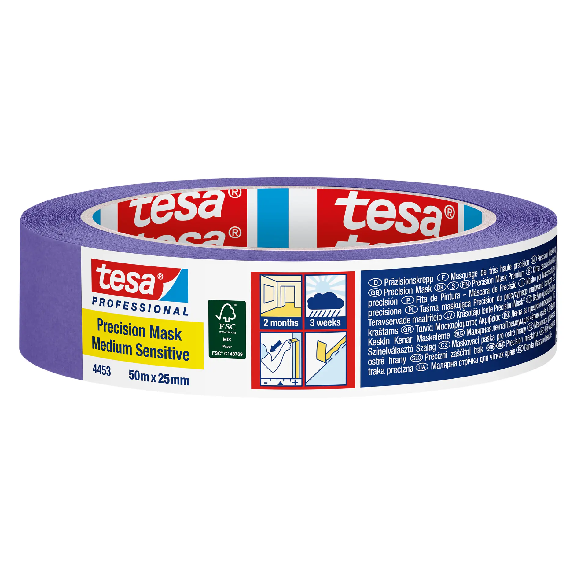 tesa purple precision mask tape roll for medium sensitive surfaces, 50m x 25mm, shown on white background (This text has been generated by AI)