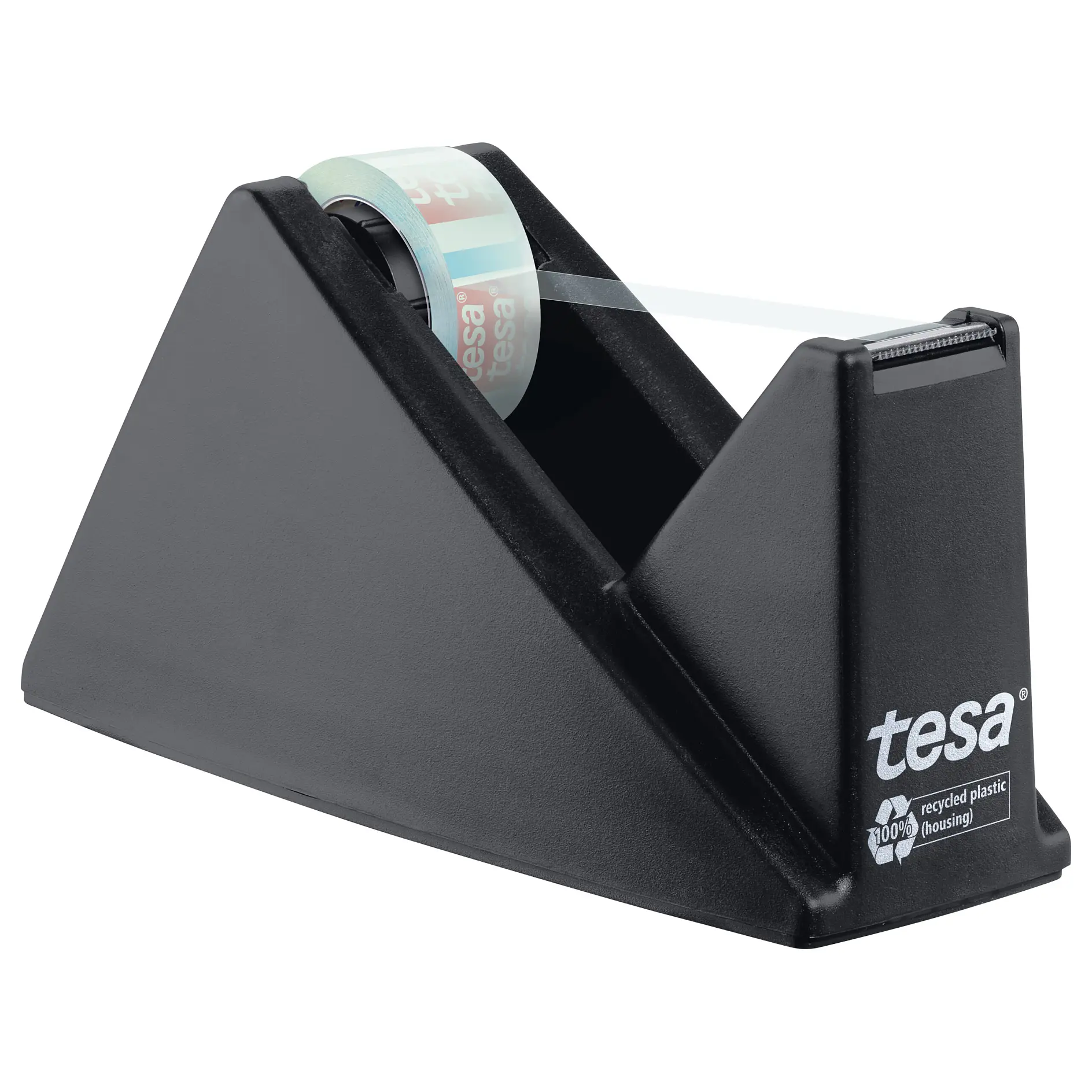black tesa tape dispenser holding a roll of transparent adhesive tape on a white background (This text has been generated by AI)