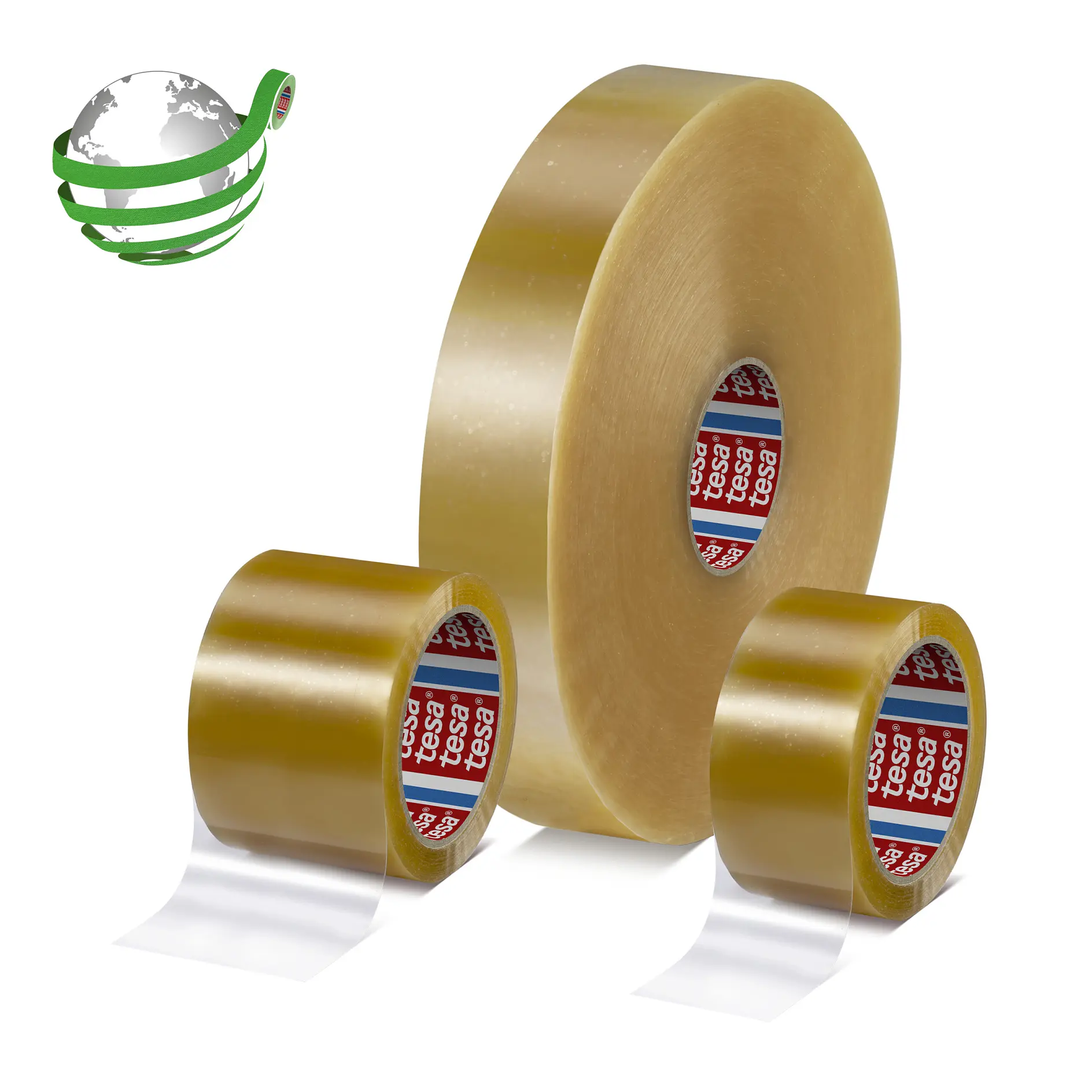 tre rotoli di nastro adesivo tesa marrone di diverse dimensioni su uno sfondo bianco con un logo a globo verde e argento (This text has been generated by AI)