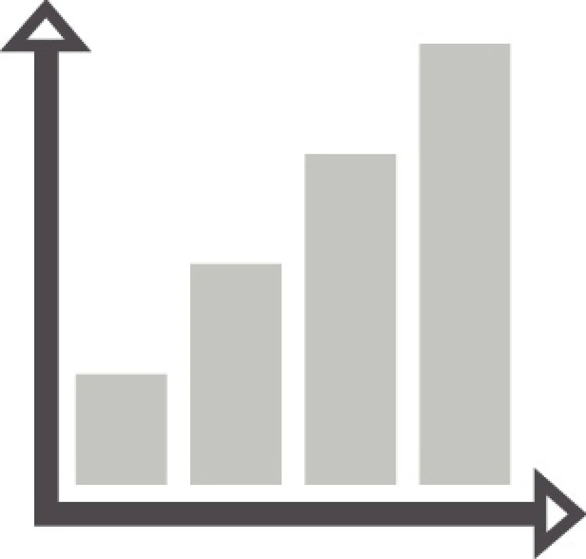 Un semplice grafico a barre con quattro barre verticali di altezza crescente, che rappresentano la crescita dei dati. Le barre sono grigio chiaro e fissate con nastro tesa, e il grafico presenta assi x e y neri con frecce che indicano la direzione. (This text has been generated by AI)