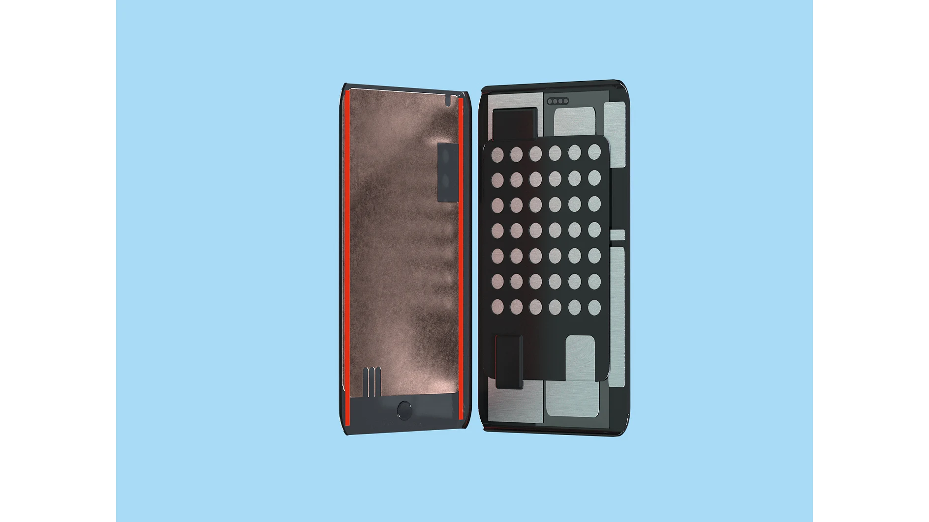 スマートフォンの背面カバーが取り外され、内部の部品とバッテリーが露出しています。露出した部品はさまざまなセクションに分かれており、テサテープで固定されています。1 つのセクションに目に見えるグリッド パターンが形成されています。背景はライト ブルー一色です。. (This text has been generated by AI)