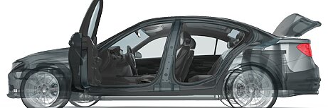 透明な車の側面図で、車内のレイアウトが示されています。車のドアは、前部と後部、トランクも含めて開いており、座席の配置や構造の詳細が明らかになっています。この画像では、車のデザイン上の特徴が強調されています。. (This text has been generated by AI)