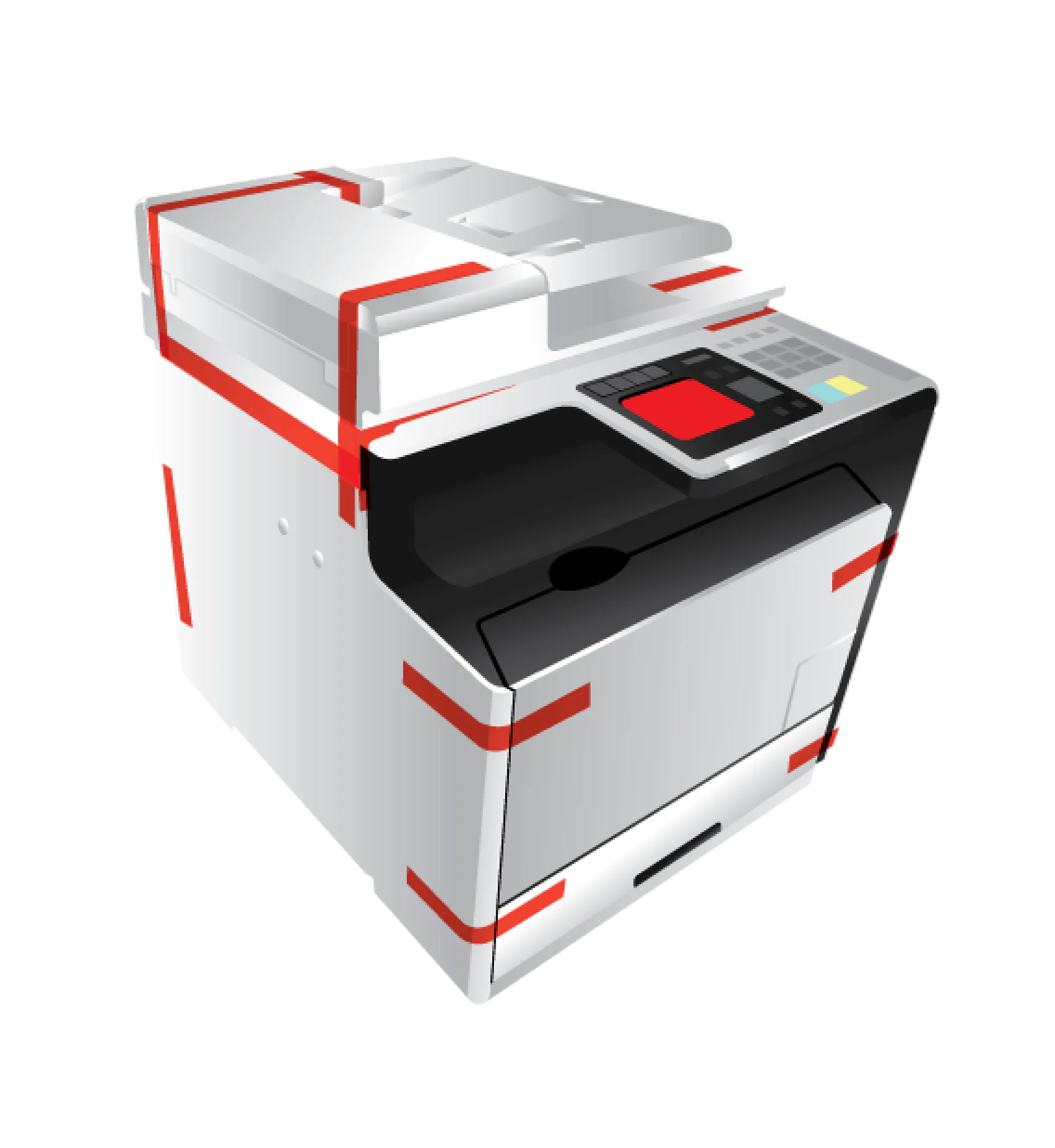 IPM-Office-Automation_Securing-of-Parts-for-Transport-001_72dpi デジタル コントロール パネルを備えた最新の多機能プリンター コピー機のイラスト。デザインには赤いアクセントと複数のトレイが特徴で、大容量を示唆しています。. (This text has been generated by AI)