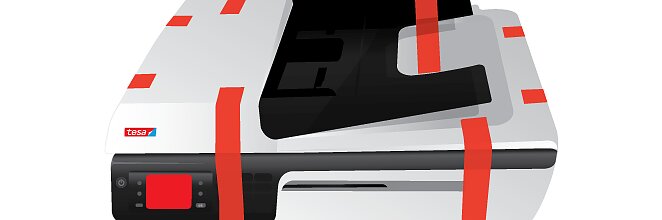 赤いテサテープストラップで固定された、積み重ねられた黒と白の引き出しのセットが示されています。一番上の引き出しの左側には、小さな画面が付いたコントロールパネルがあります。. (This text has been generated by AI)