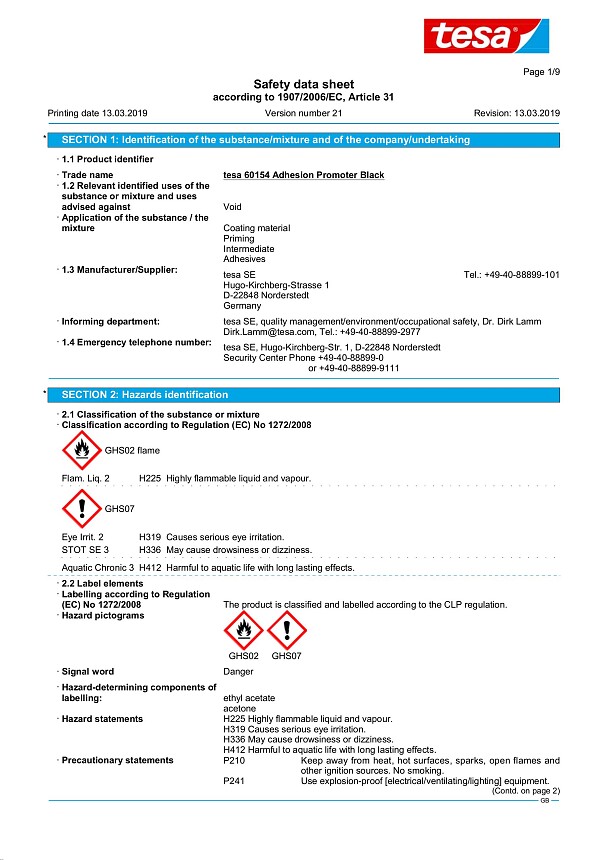 MSDS（製品安全データシート） tesa