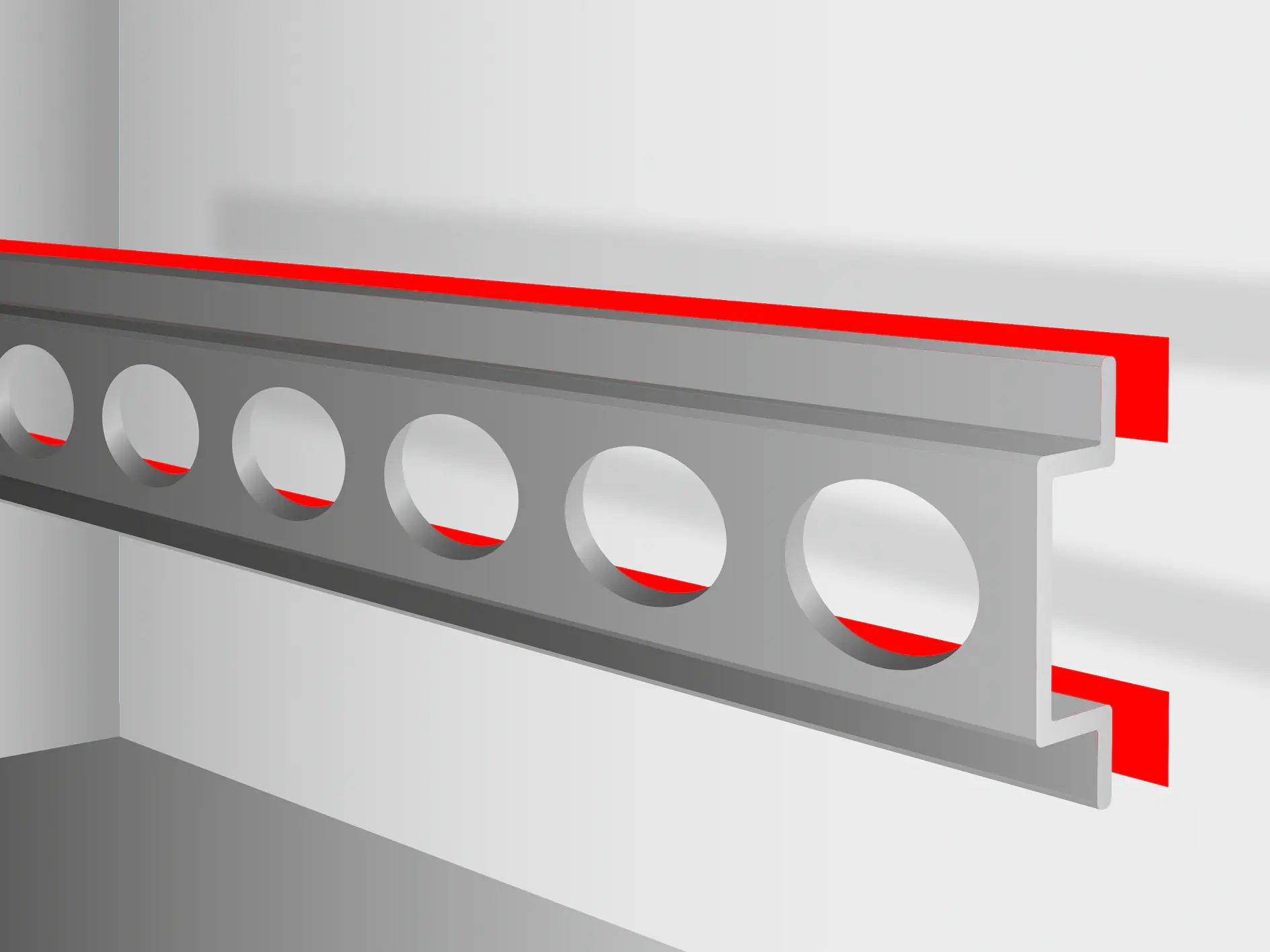 A metallic beam with circular cutouts is mounted horizontally on a wall, secured using tesa tape. It is highlighted in red along its length, emphasizing its outline and structure. The setting appears to be indoors with a minimalistic, monochromatic background. (This text has been generated by AI)