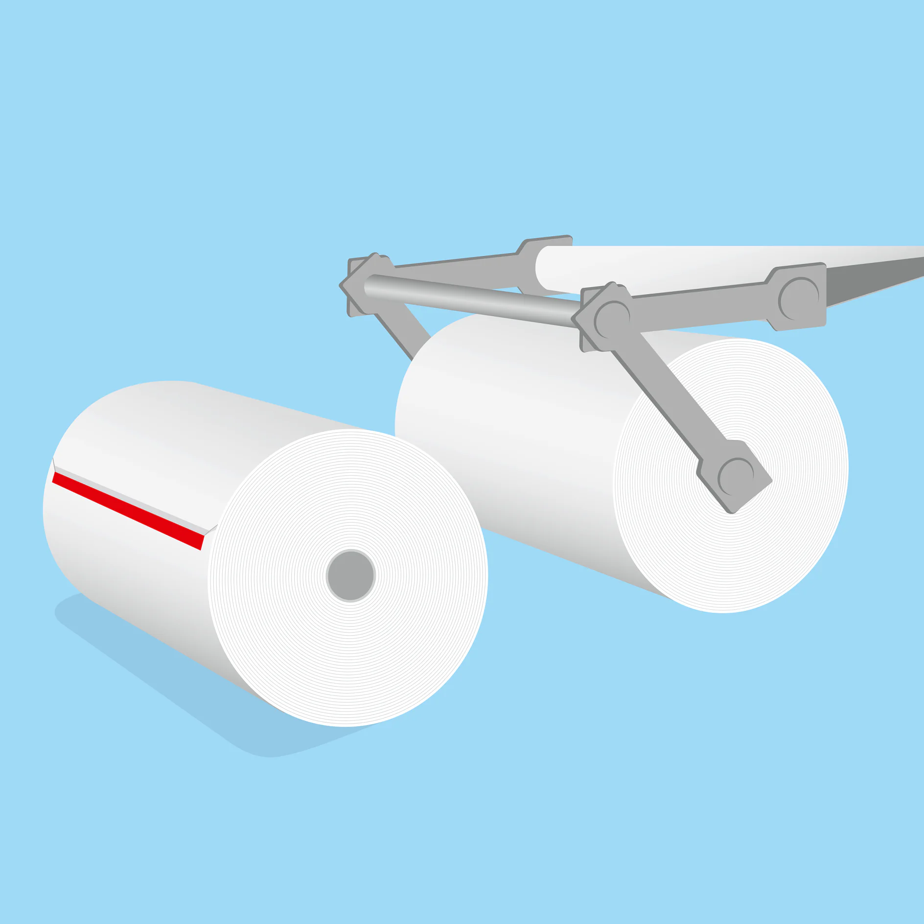 Illustration of two large paper rolls, one being processed by gray industrial arms. One roll has a red stripe made with tesa tape on its surface. The background is light blue. (This text has been generated by AI)