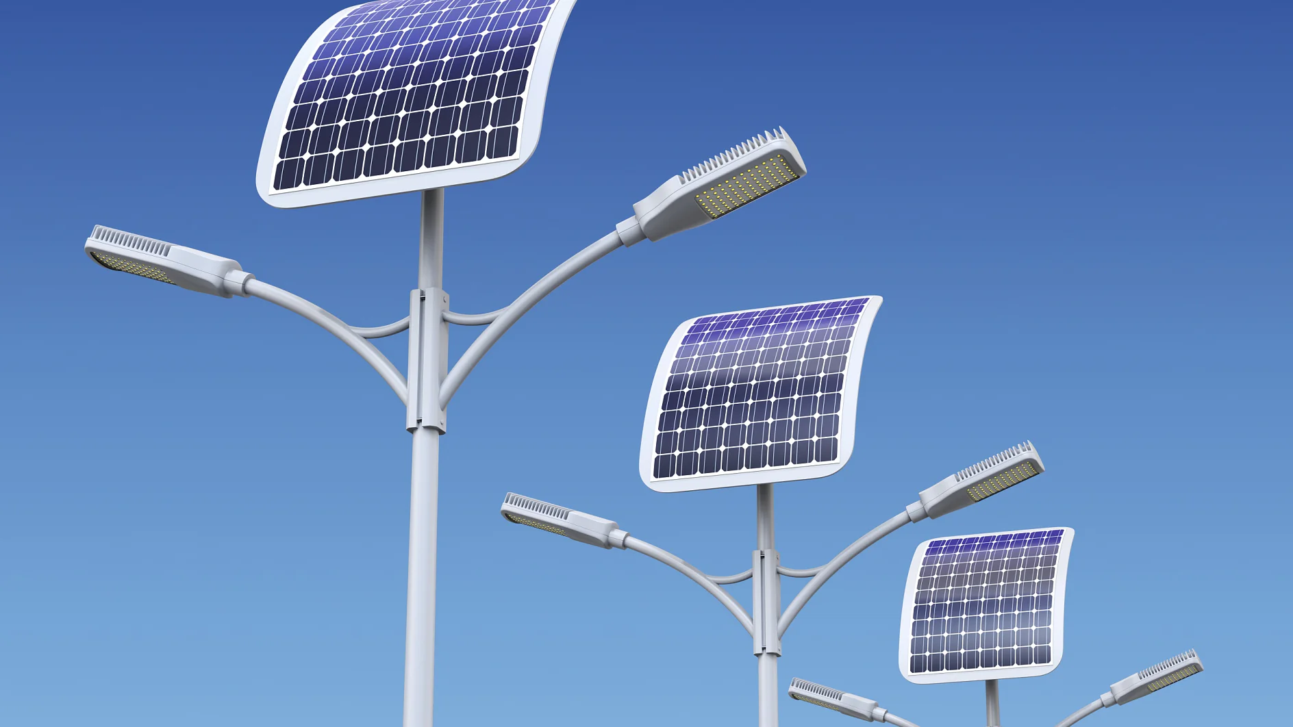 Row of LED street lamp with solar panel