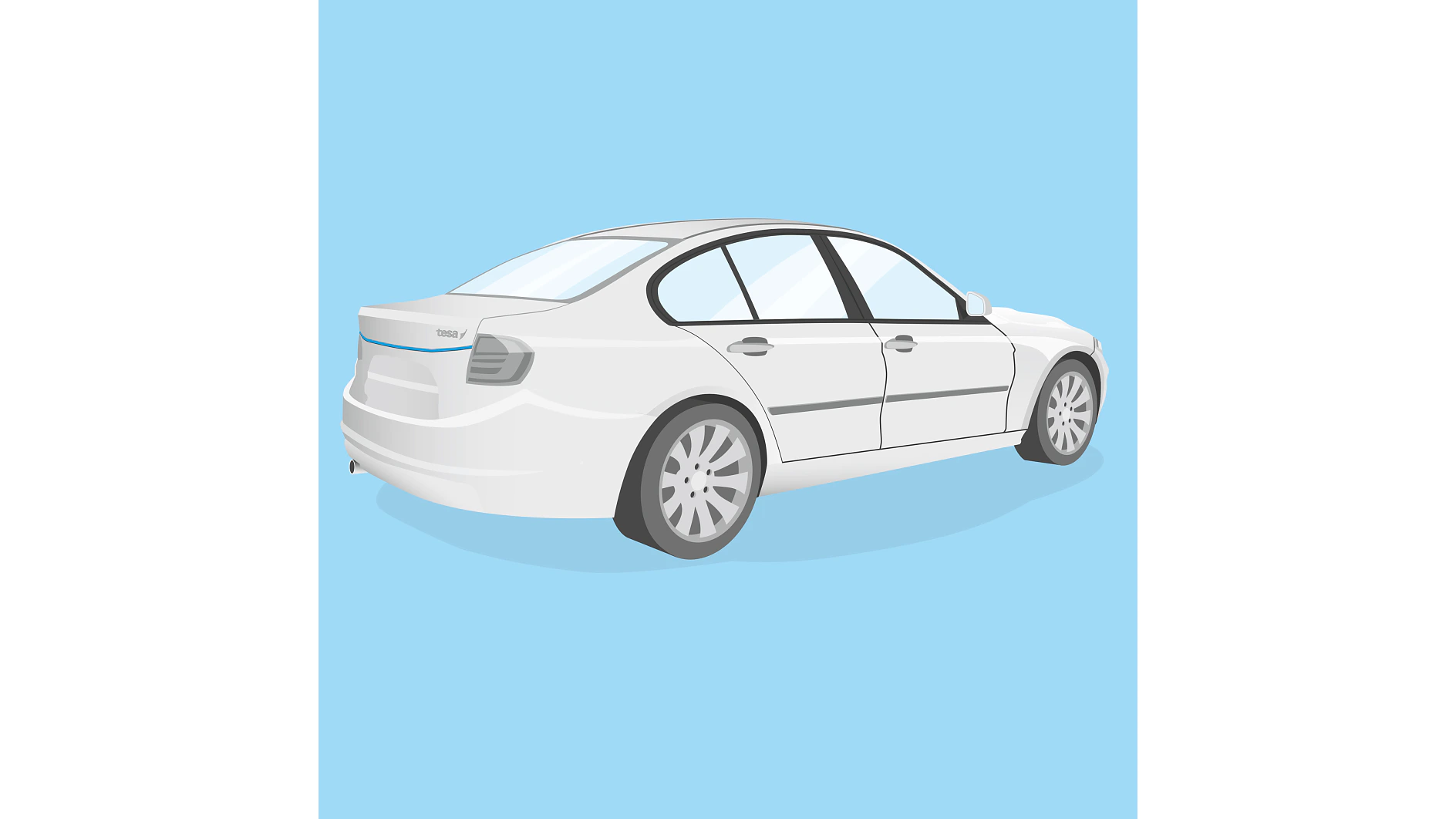 ライトブルーの背景に、後方左側から見た白いセダンのイラスト。この車は、色付きの窓と精巧なホイールリムを備えた流線型のデザインが特徴です。. (This text has been generated by AI)
