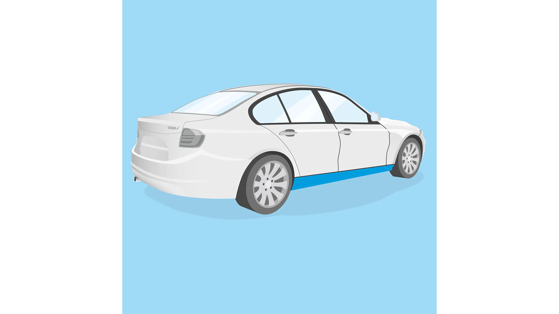 青い背景に白いセダンを後ろ側から見たイラスト。この車には、シェード付きの窓、見えるドア ハンドル、詳細なホイールが特徴的です。車の下側には青いテサ テープ アクセントが付いています。. (This text has been generated by AI)