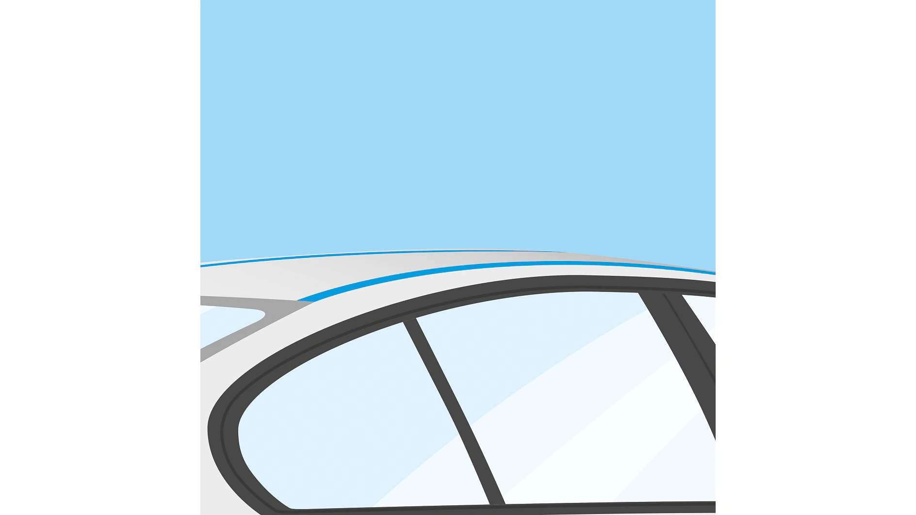 明るい青色の背景に映える車の窓と屋根のクローズアップイラスト。窓は滑らかな曲線デザインで黒のフレームで囲まれています。屋根はなめらかなライトグレー仕上げで、薄い青色のアクセント ラインがテサ テープで固定されています。. (This text has been generated by AI)