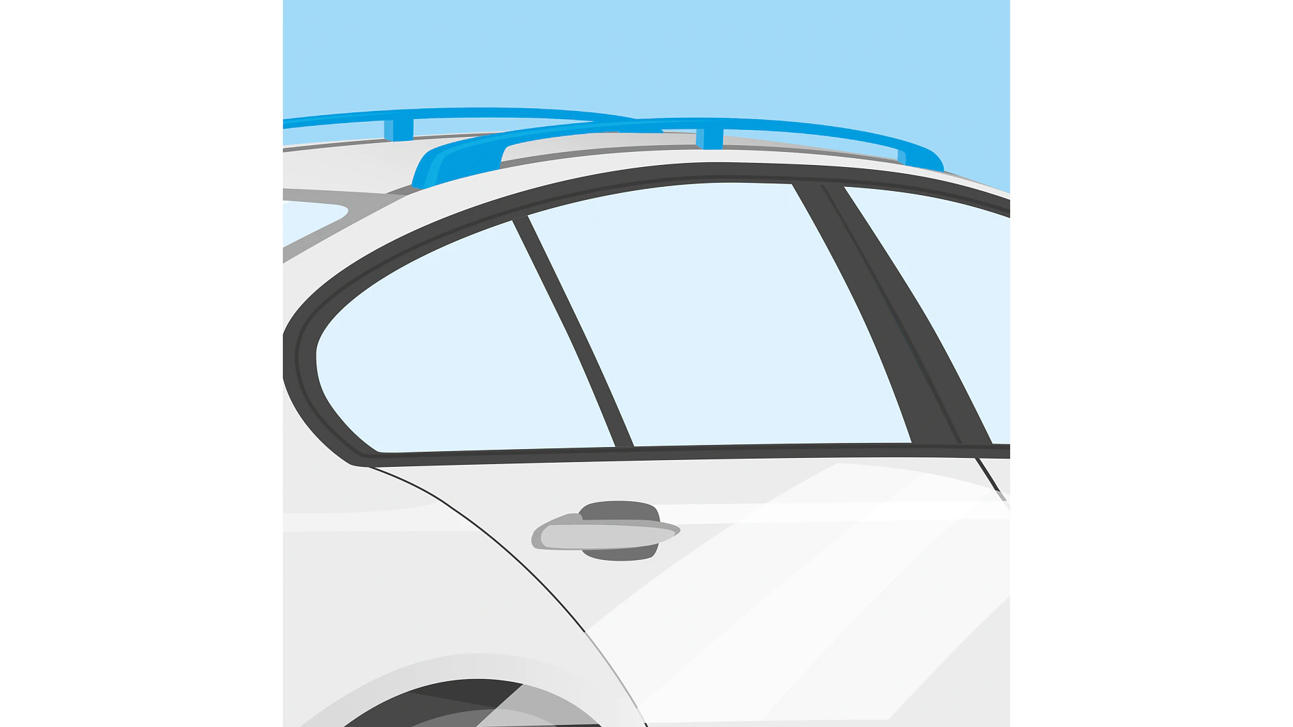 後部ドア、ハンドル、窓に重点を置いた、白い車の後部セクションのイラスト。車には明るい青色のルーフ ラックが装備されており、澄んだ青空を背景にしています。. (This text has been generated by AI)
