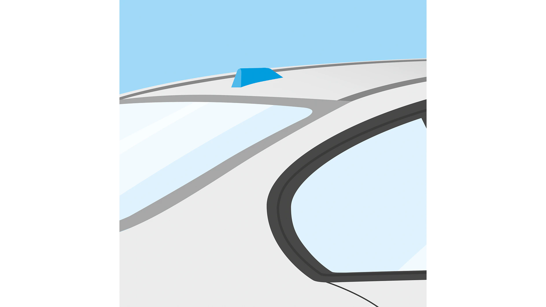 白い車のクローズアップイラスト。リアウィンドウの一部と小さな青いルーフアンテナが、すべてテサテープでしっかりと固定されています。背景の空は澄み切って青く見えます。. (This text has been generated by AI)