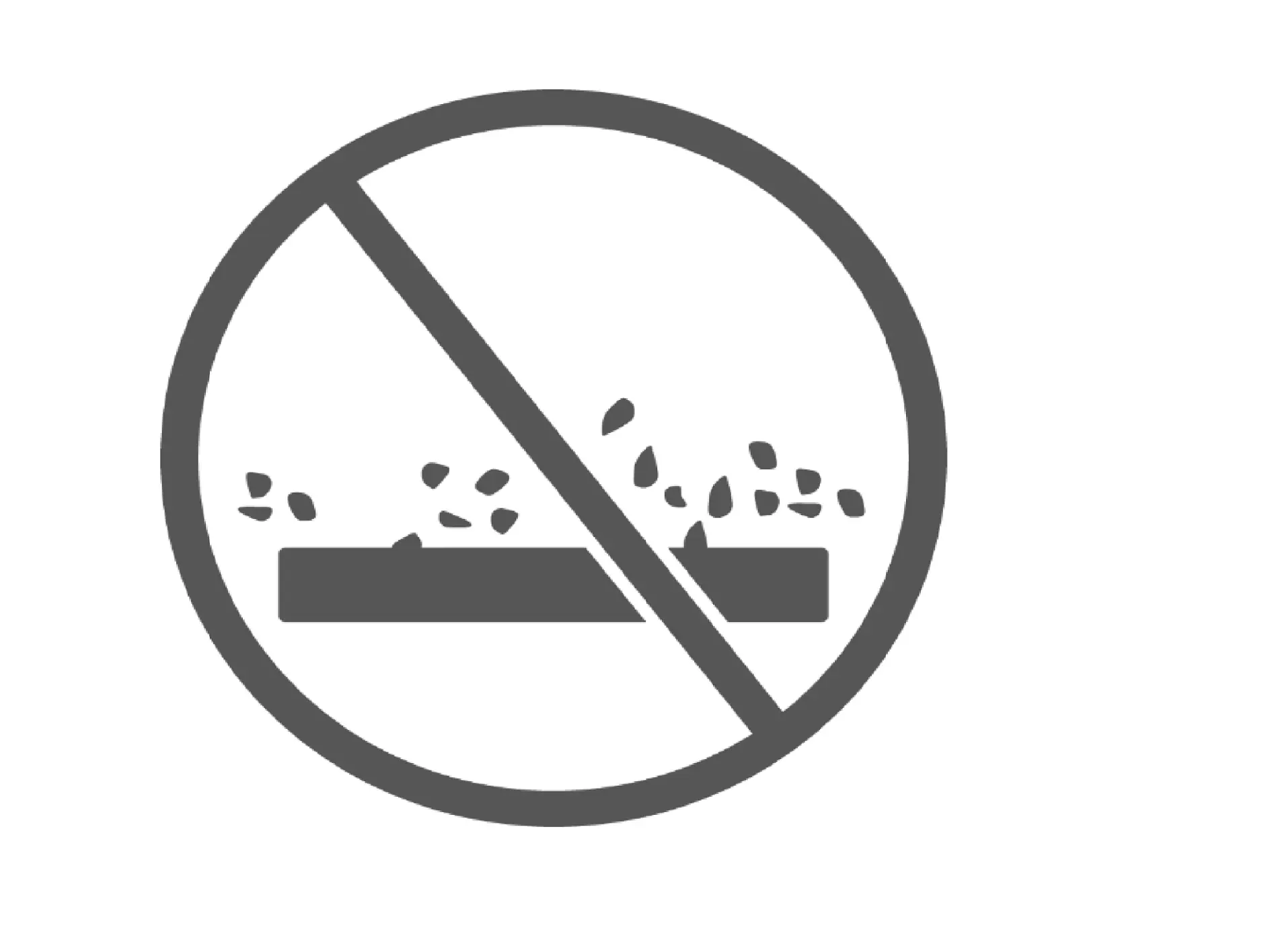 A gray icon depicting a no-littering sign. It features a hand dropping small pieces of tesa tape over a rectangular space, crossed by a diagonal line inside a circle, indicating prohibition.