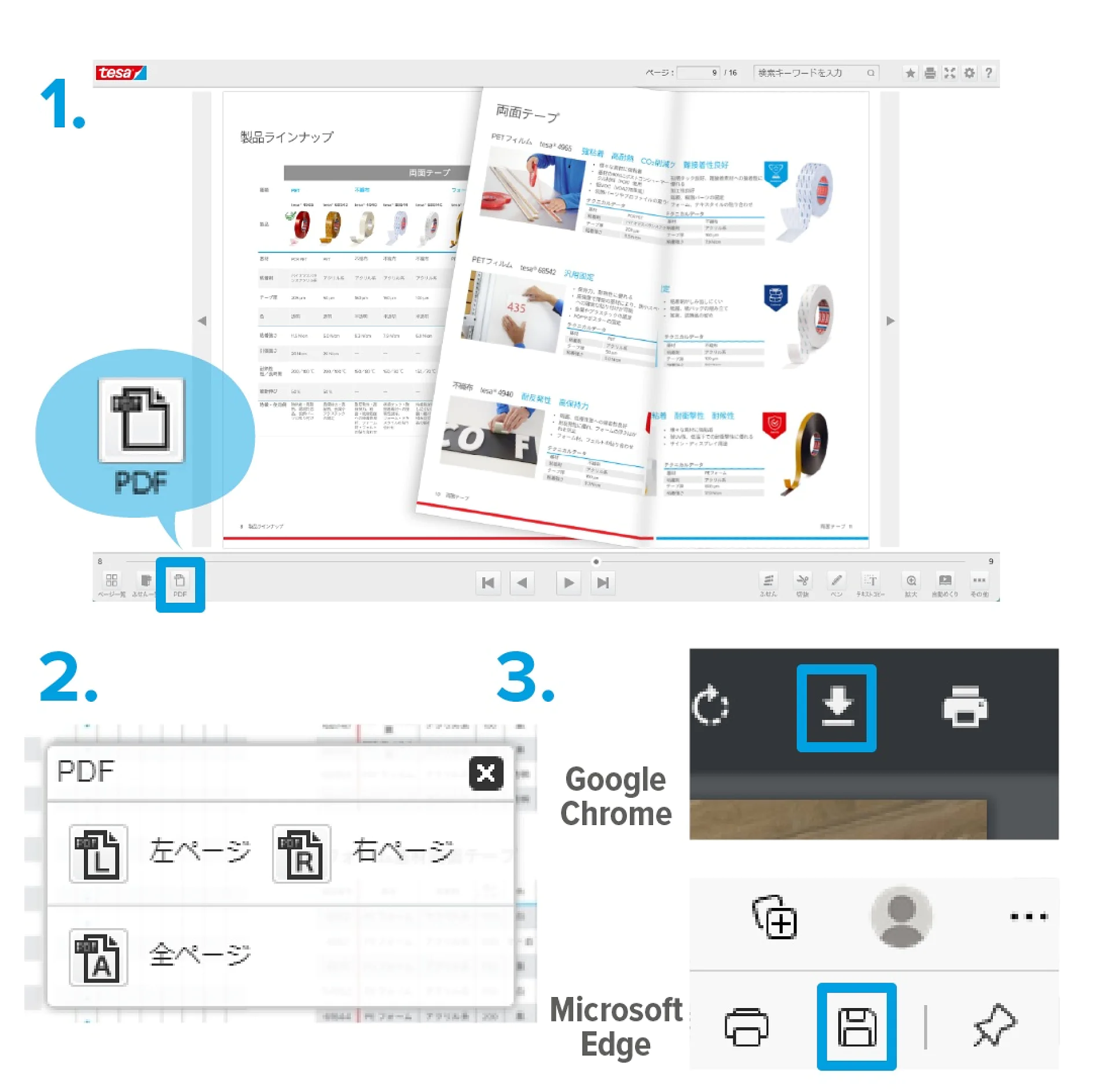 閲覧ページでPDFに変換する方法 スクリーンショットは、PDF をダウンロードするための 3 つの手順を示しています。手順 1 では、カタログビューの画面左下にあるPDFアイコンの位置が表示されています。手順 2 では、ページを選択できるポップアップ画面を示しています。手順 3 では、Google Chromeおよび Microsoft Edgeのツールバーにあるダウンロードボタンを示しています。 (This text has been generated by AI)
