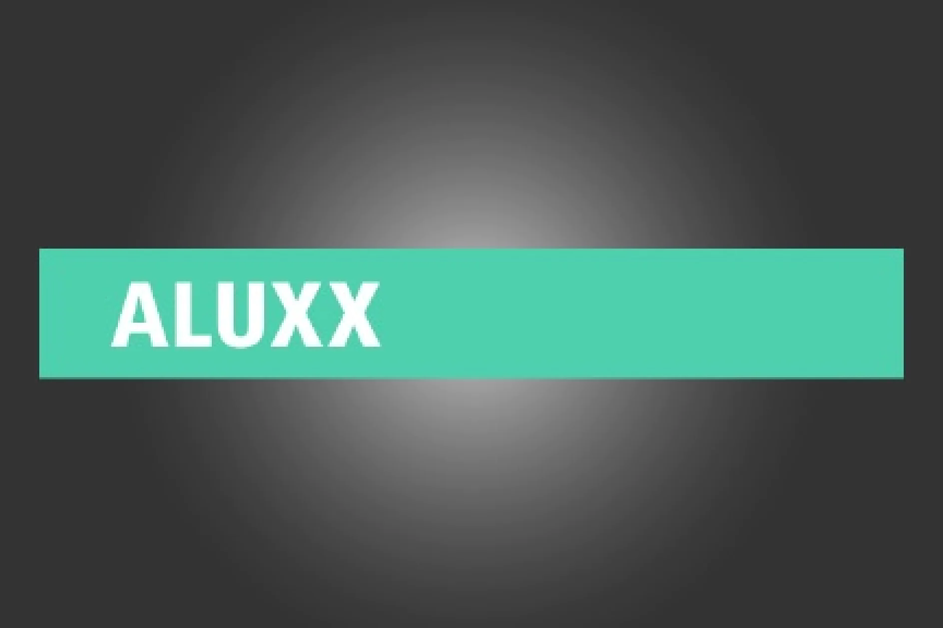 灰色の背景に、白の太字の大文字で「ALUXX」という単語が書かれた青緑色のバナーが中央に配置され、暗い色から明るい色への微妙なグラデーションが外側に向かって放射状に広がっています。. (This text has been generated by AI)