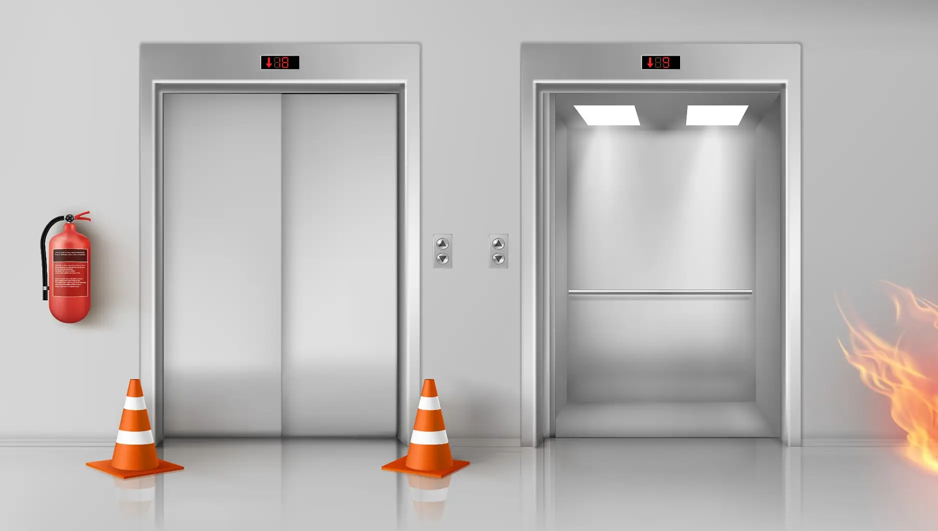 tesa® flameXtinctシリーズは、エレベーターのシャフト内や扉などの防火対策を目的として開発された新製品です。難燃性をもつPEフォーム基材を採用した両面粘着テープです。オフィスビルなどでは煙突効果により燃焼が促進してしまうため、エレベーター付近の対策が非常に重要です。