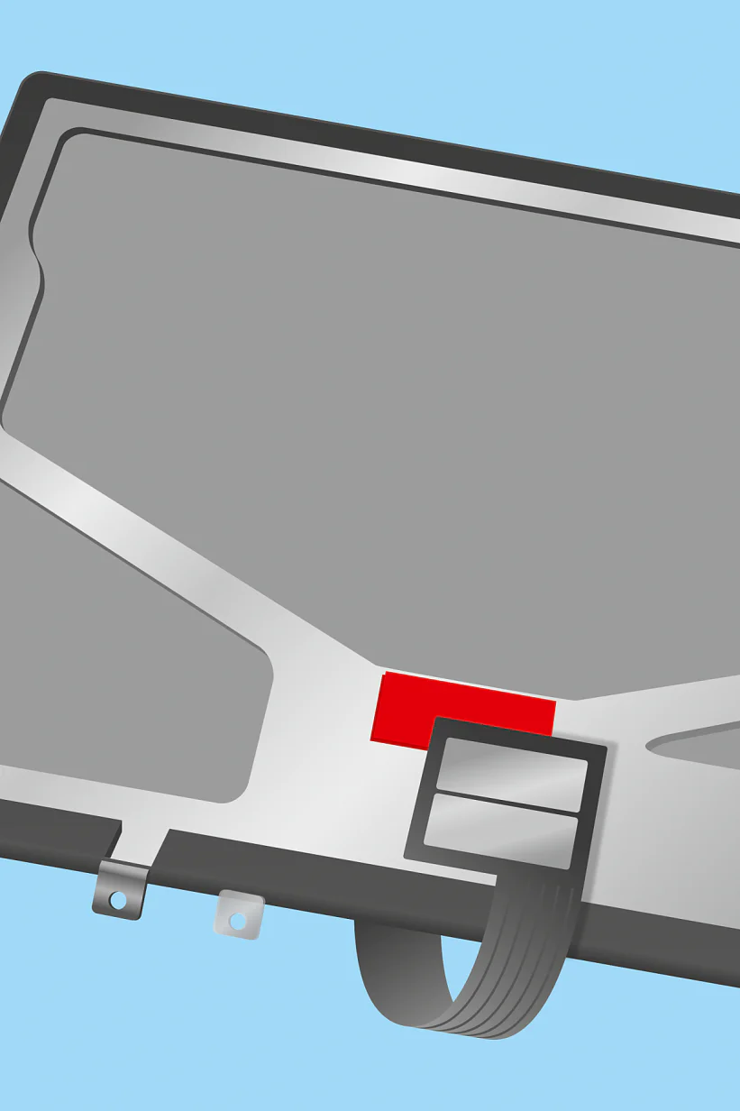 An illustration of an electronic component, possibly a touch screen panel, featuring a rectangular shape with a thick black border. It has a ribbon cable extending from the bottom and a red rectangular element on the back. The background is light blue. (This text has been generated by AI)