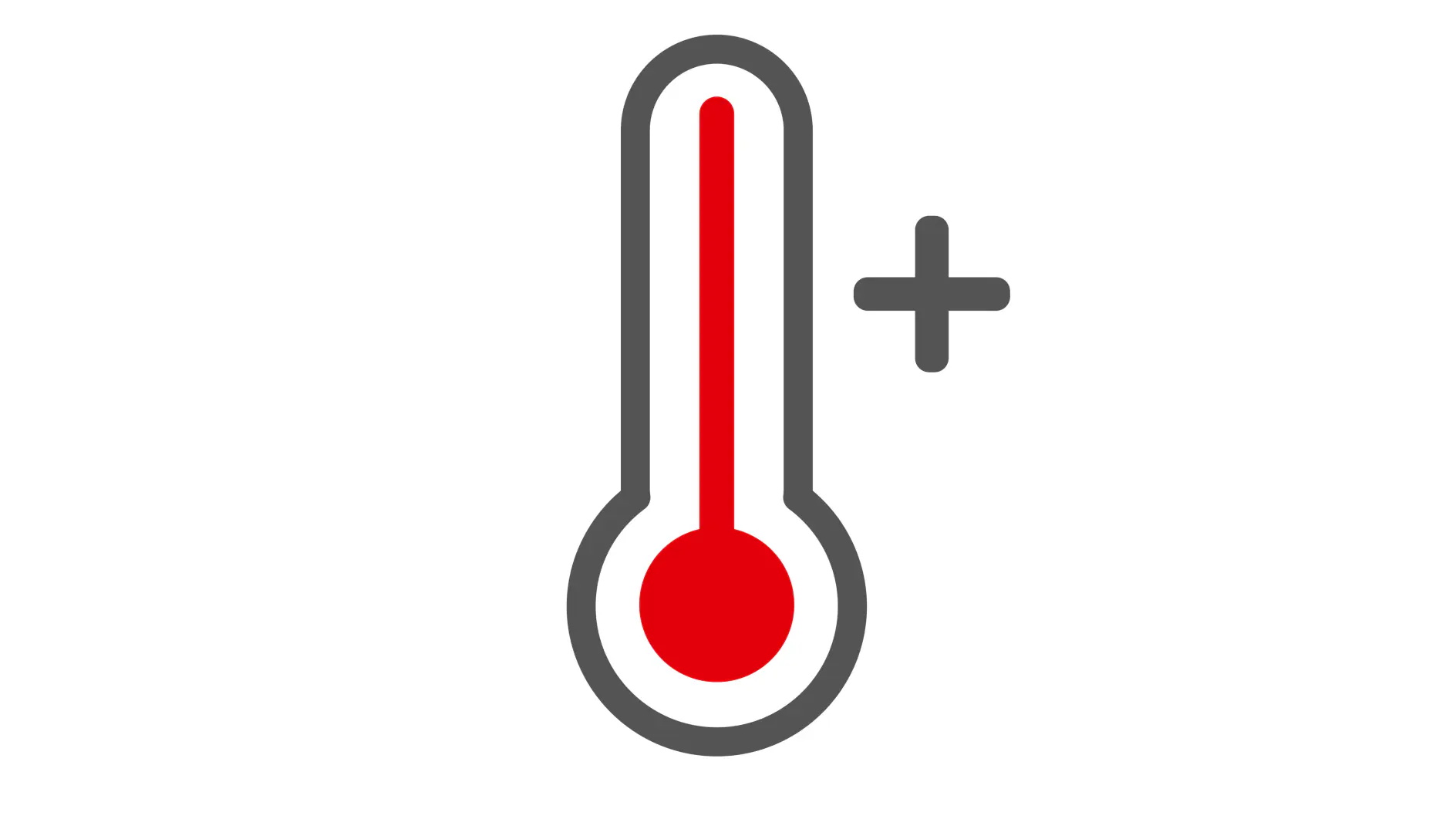 Icon of a thermometer with a red fill, indicating high temperature. A plus sign is positioned on the right side of the thermometer. The icon is set against a black background. (This text has been generated by AI)