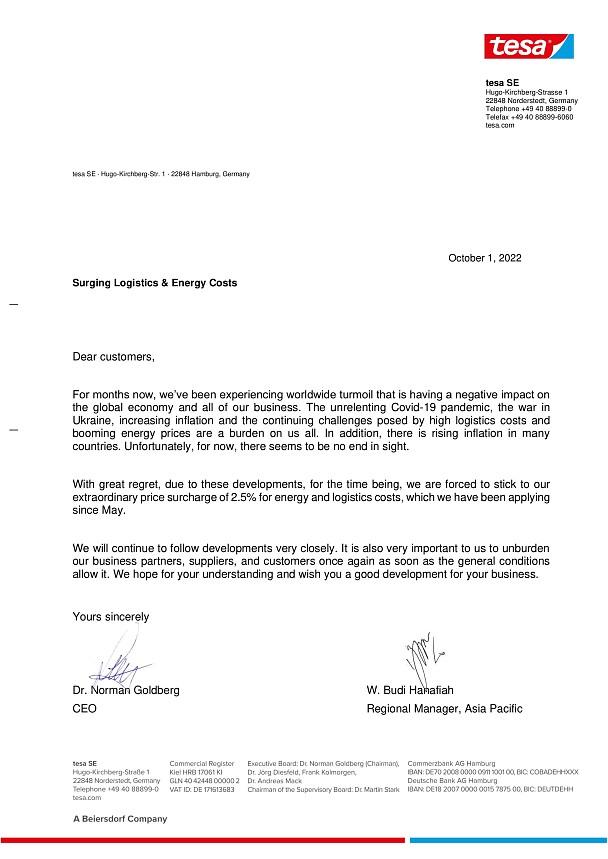 燃油サーチャージ導入のご案内 tesa