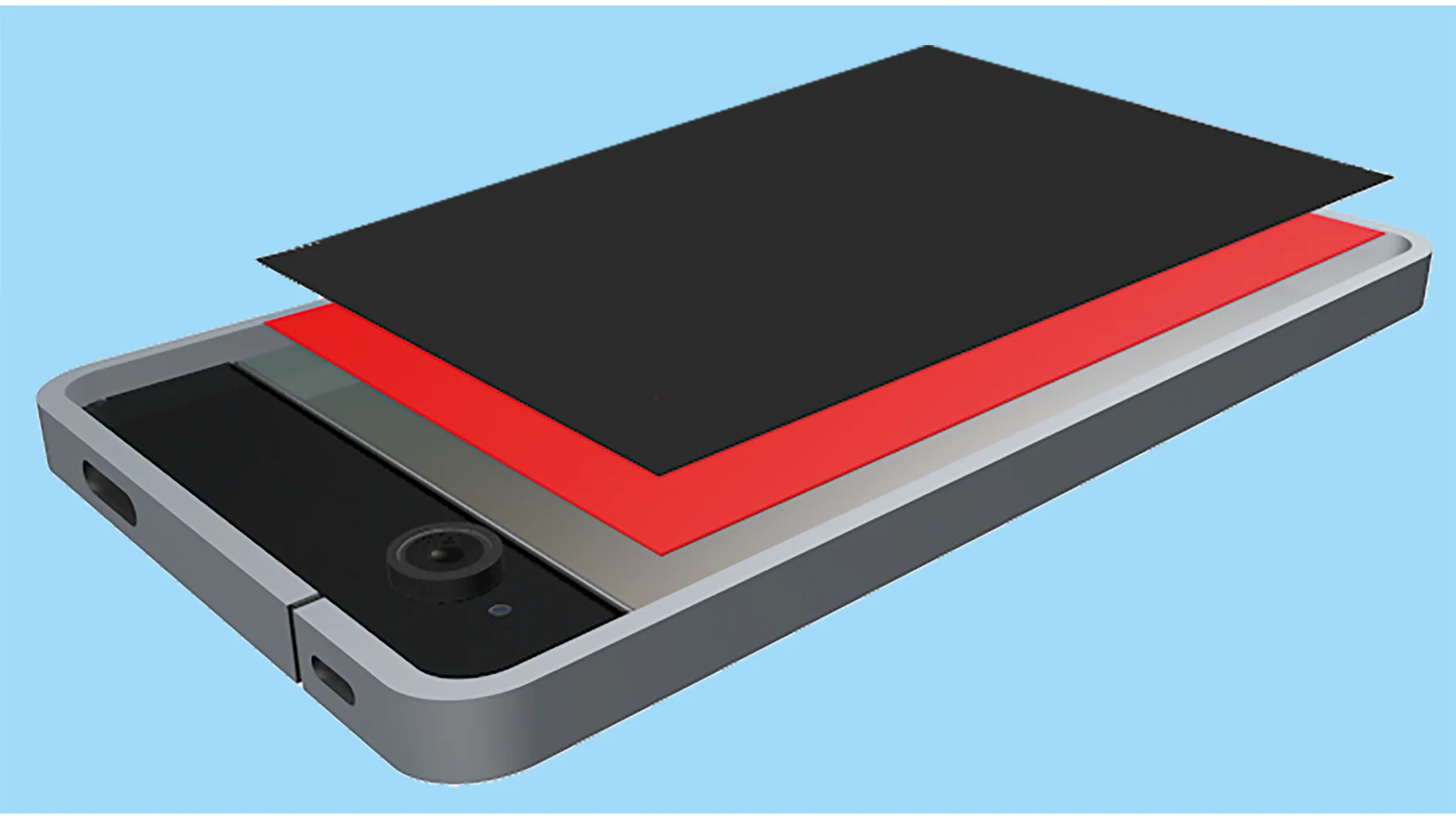 レイヤーが分離されたスマートフォンの 3D レンダリング。スマートフォンには、画面、赤いレイヤー、黒いトップ レイヤーが含まれています。左側にカメラ レンズが見えます。背景は水色です。. (This text has been generated by AI)