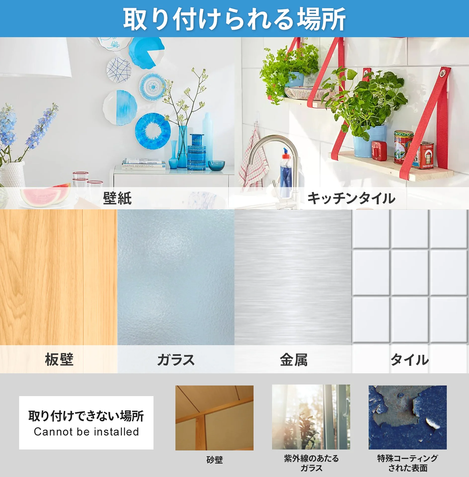 貼り付けに適した表面と適さない表面の画像です。適している表面: 壁紙、キッチンタイル、木壁、ガラス、金属、タイル。不適な表面: 砂、UVコーティングガラス、特殊コーティングされた表面。日本語のテキストとアイコンが含まれています。. (This text has been generated by AI)