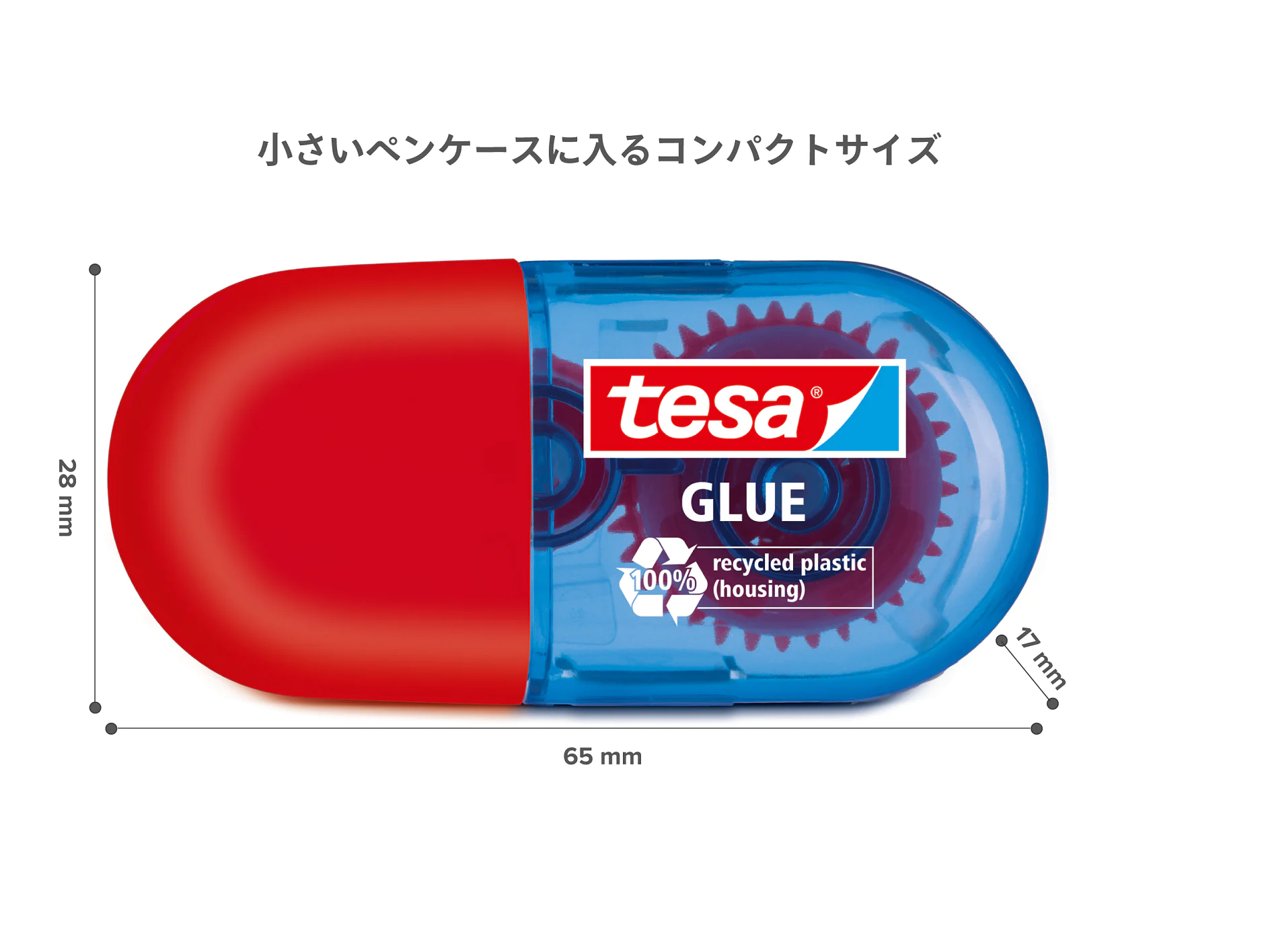 テサ テープ グルー ローラーは、青いケースと赤いトップを備えています。「GLUE」というラベルが貼られており、「100% リサイクル プラスチック」アイコンが付いています。寸法は、幅 65 mm、高さ 28 mm、奥行き 17 mm です。製品の上には日本語のテキストがあります。. (This text has been generated by AI)