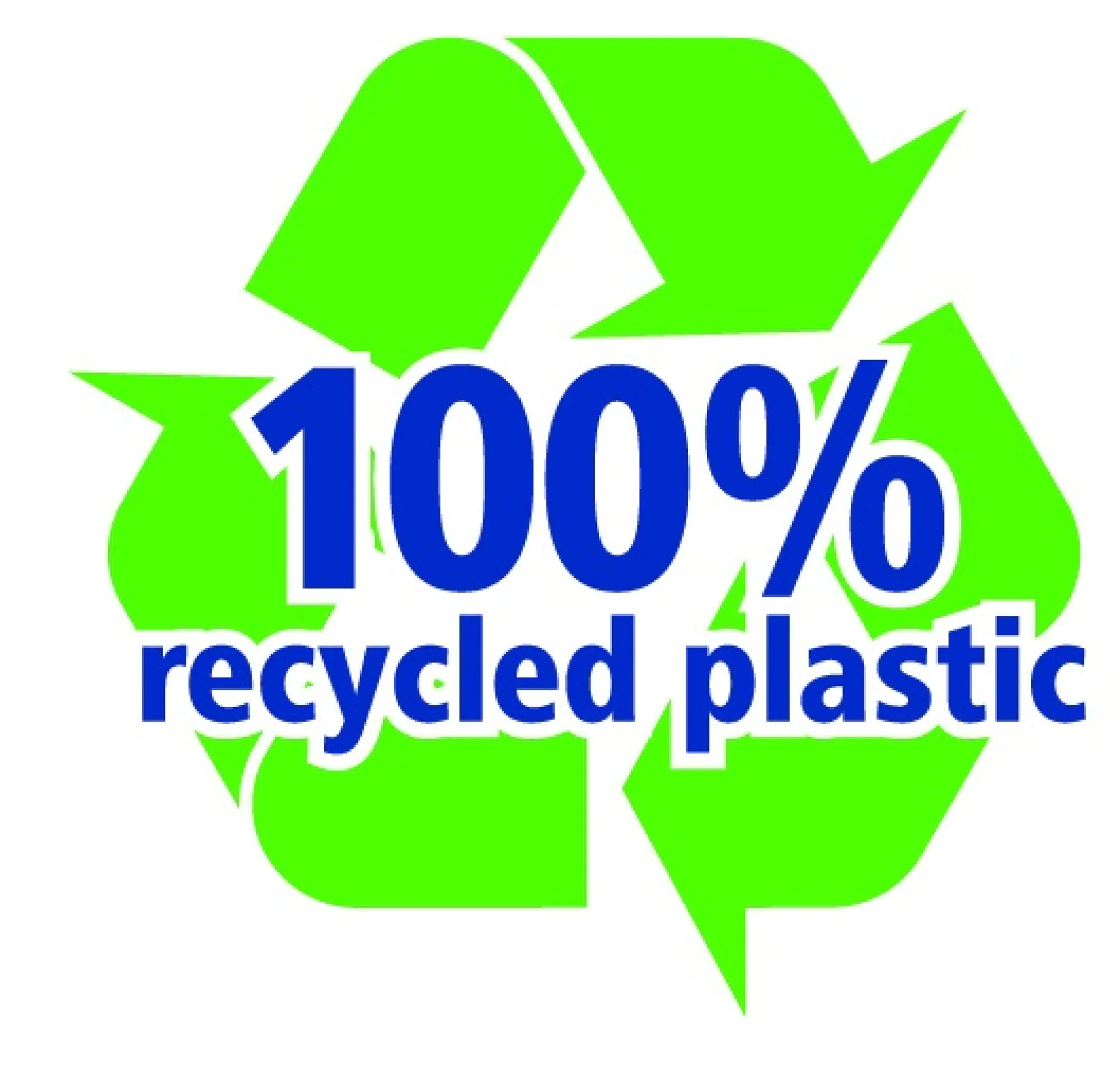 再生プラスチックを100%使用 画像には、3 つの矢印が三角形を形成した緑色のリサイクル シンボルが示されています。シンボルの内側には、太字の青い文字で「100% リサイクル プラスチック」と書かれています。. (This text has been generated by AI)