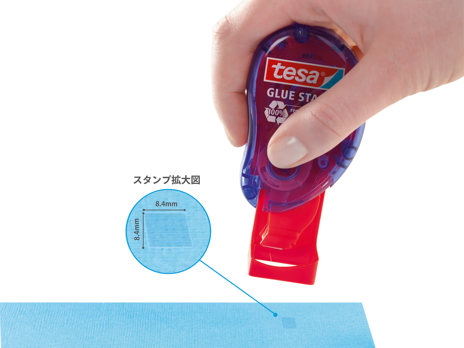 スタンプサイズ テサの接着剤スタンプ アプリケーターを持つ手が、それを青い表面に押し付けています。アプリケーターは赤と青で、テサのロゴが見えます。円形の挿入図には、青い表面にある 8.4 mm x 8.4 mm のテサ スタンプ マークのクローズアップが表示されています。. (This text has been generated by AI)